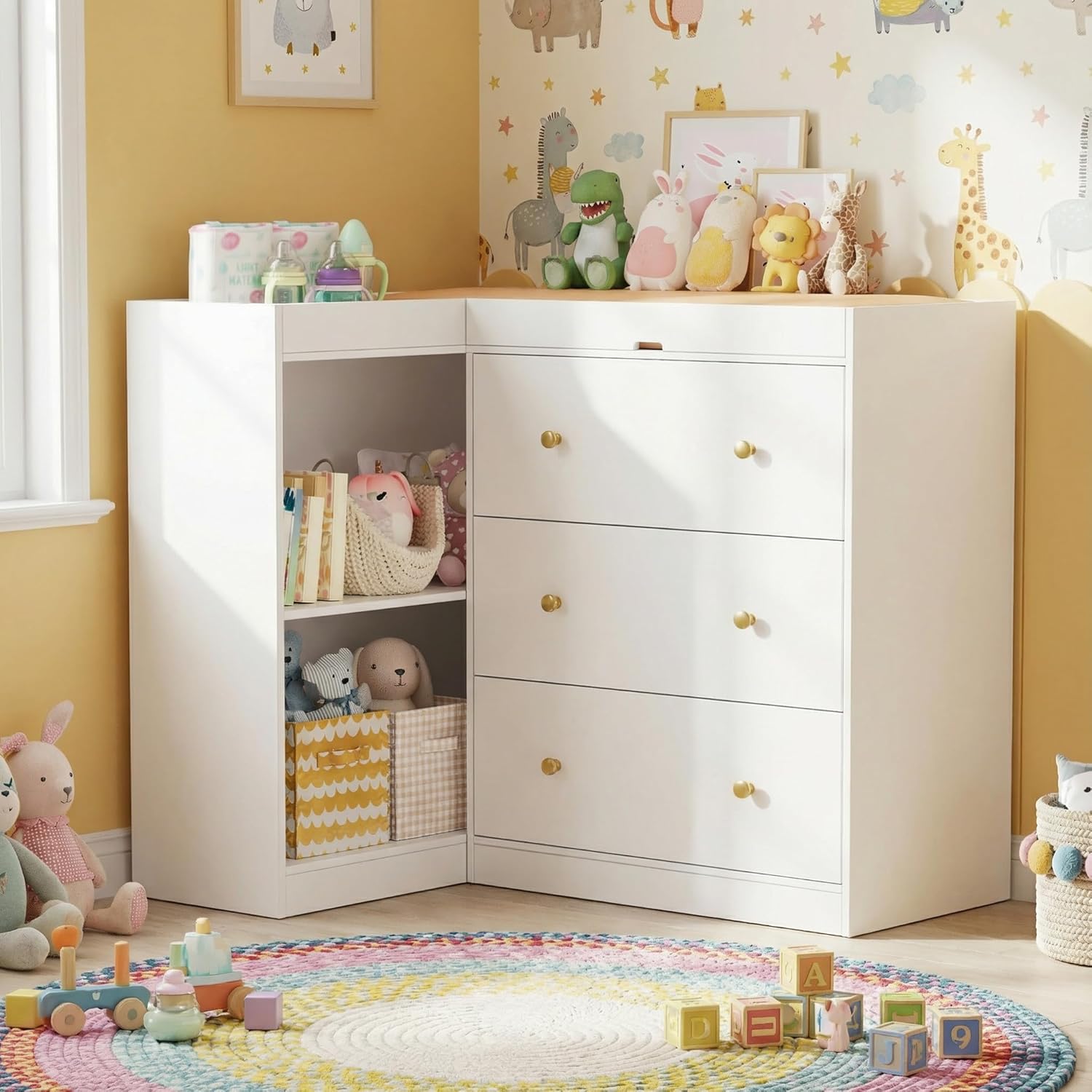 Baby Nursery Dresser Changing Table - # コーナーナーサリー用おむつ交換台（引き出し＆棚付き）多機能ベビー部屋用おむつ交換ステーション