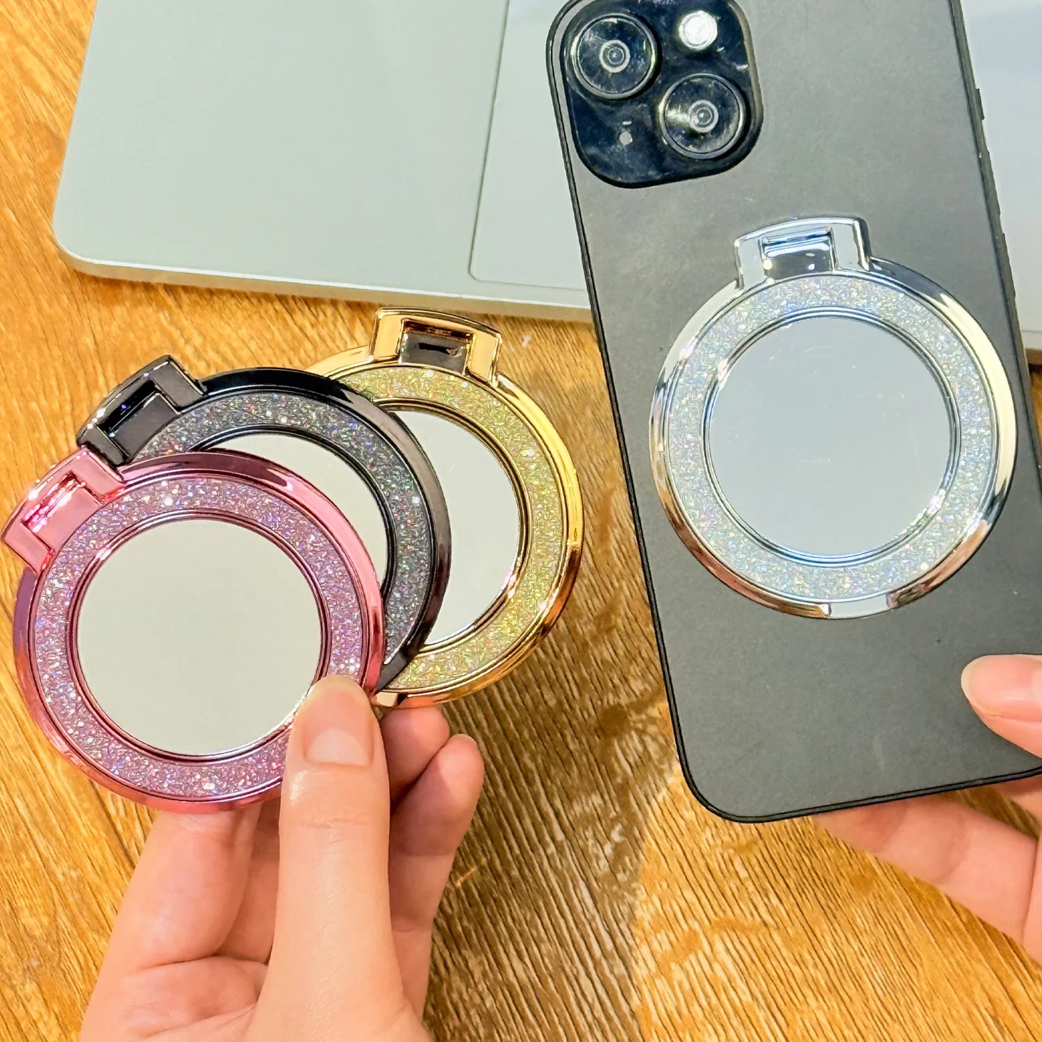 Mobile Hanger Arm - 光沢のあるダイヤモンド製スマホリングホルダー、丸型ミラー付きキックスタンド、iPhone、Samsung、Xiaomiなどの携帯電話用グリップスタンド