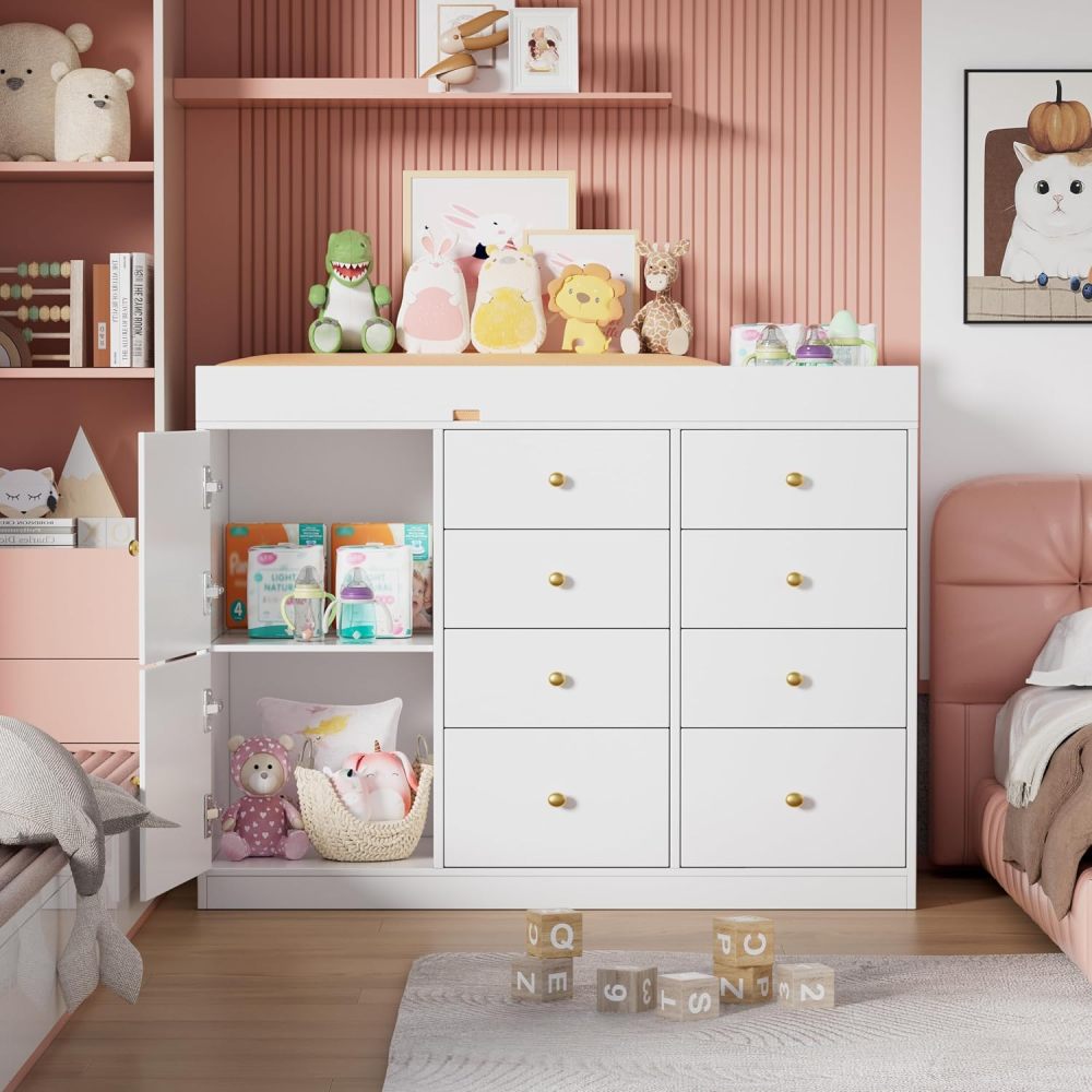 Baby Nursery Dresser Changing Table - ベビークラシックナーサリードレッサー（8つの引き出しと2つのキャビネット付き）、多機能ベビーおむつ交換台、子供部屋用おむつ交換ステーション