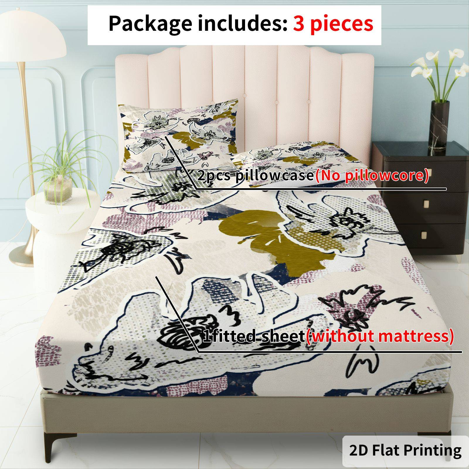Baby Nursery Bedding Sets - 花柄リーフパターンのベッドシーツフルセット、プリントされたフィットシーツ、マットレスプロテクター、通気性のあるポリエステル素材（フィットシーツ1枚＋枕カバー2枚を含む）マットレスプロテクター、フィット型の伸縮性のある保護カバー、マットレスプロテクター、フィット型寝具セット、クリスマスをテーマにした寝具、ベビー寝具、子供部屋に適しています。