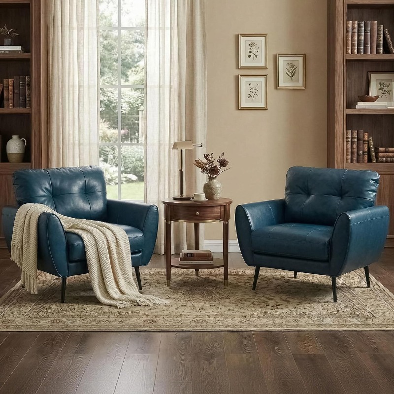 Baby Nursery Rocking Chair - TYBOATLE アクセントチェア 2脚セット、快適なモダンリビングルーム用ブルーフェイクレザー読書用アクセントチェア、タフテッドミッドセンチュリーアームチェア