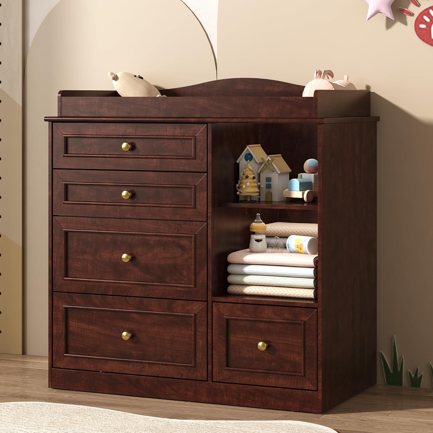 Baby Nursery Dresser Changing Table - おむつ交換台 ドレッサー ベビーナーサリー おむつステーション ブラウン、カスタマイズ可能