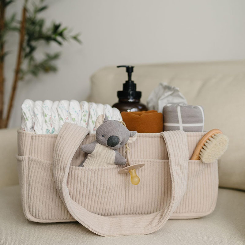 Baby Nursery Handles - 大容量折りたたみ式コーデュロイベビーおむつキャディー、ポータブルハンドル付きおむつ収納オーガナイザー、多ポケットナーサリーオーガナイザーバッグ