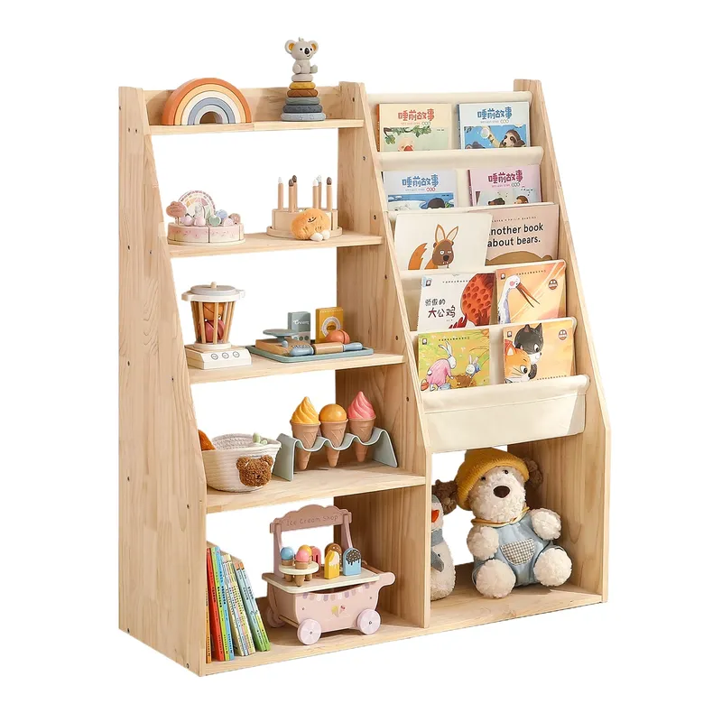 Baby Nursery Bookshelf - 無垢材製子供用本棚おもちゃ収納ラック 2-in-1 読書オーガナイザー ベビーキャビネット 保育園やプレイルーム用