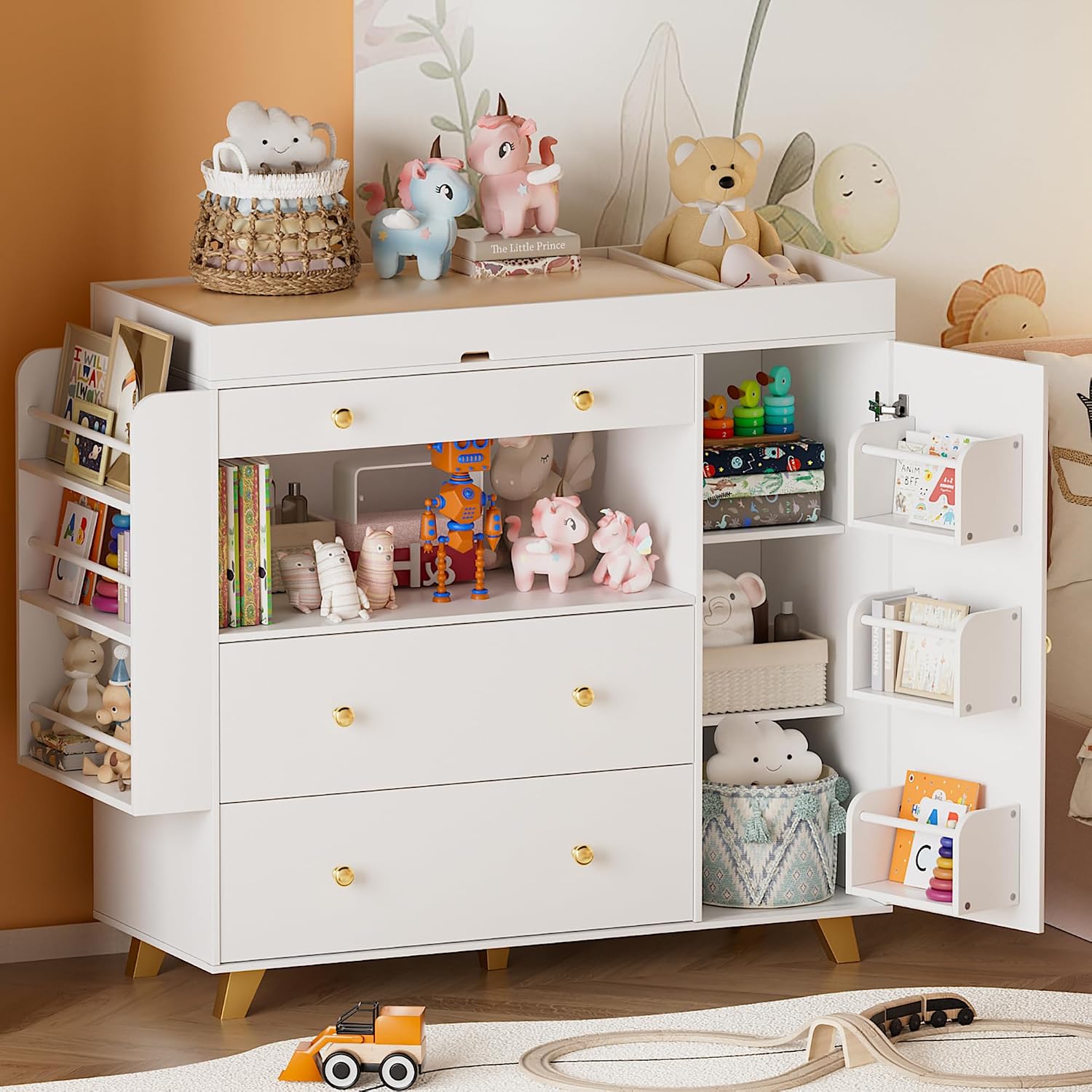 Baby Nursery Dresser Changing Table - ベビーベッド用チェンジングテーブル付きドレッサー、3段引き出しと棚付きおむつ収納、ベビールーム用収納オーガナイザー、ホワイト、カスタマイズ可能