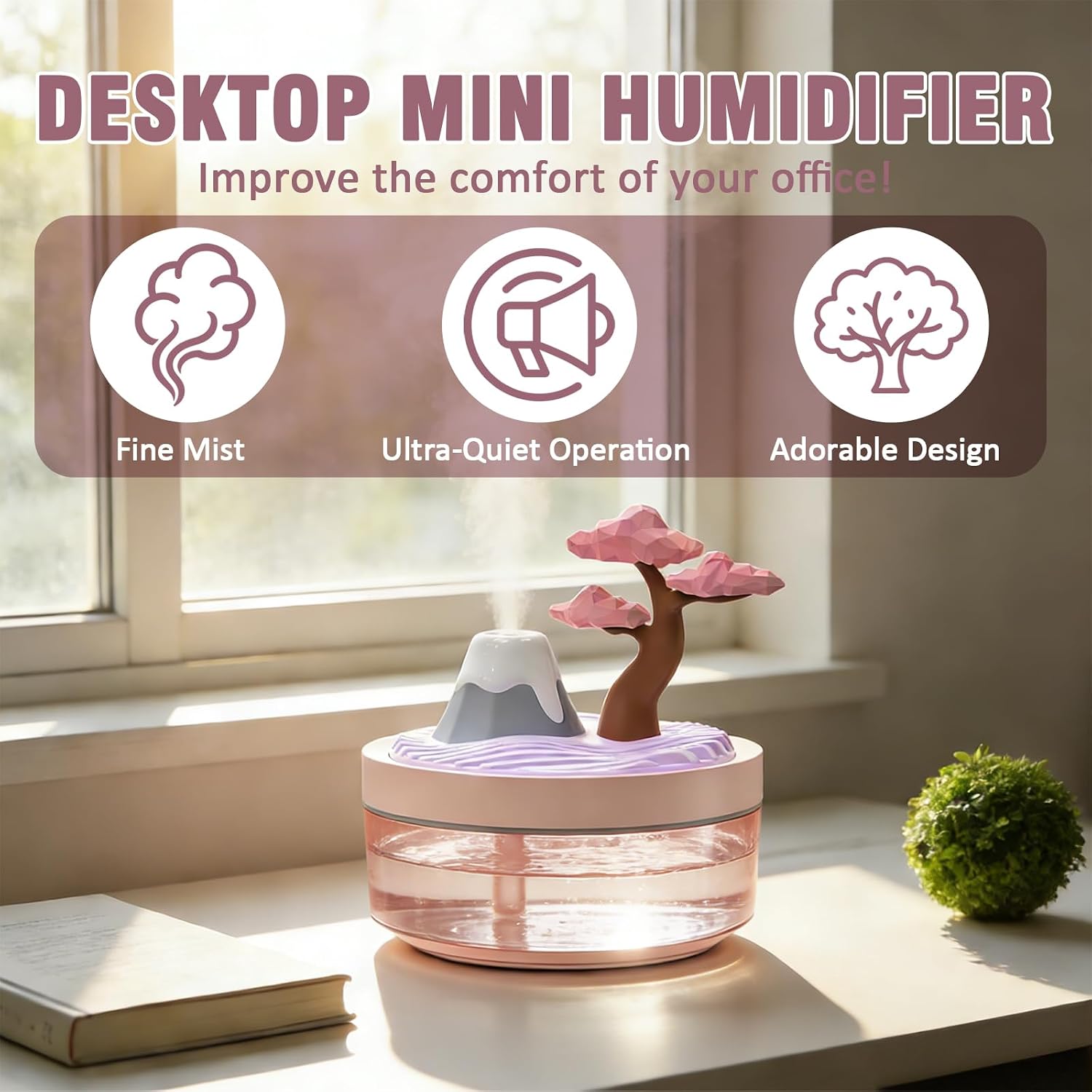 Humidifier Nursery Quiet - 2026年新アップグレード版 チェリーブロッサムクールミスト加湿器、静音設計のナイトライト付き空気加湿器、保育園、オフィス、家庭用