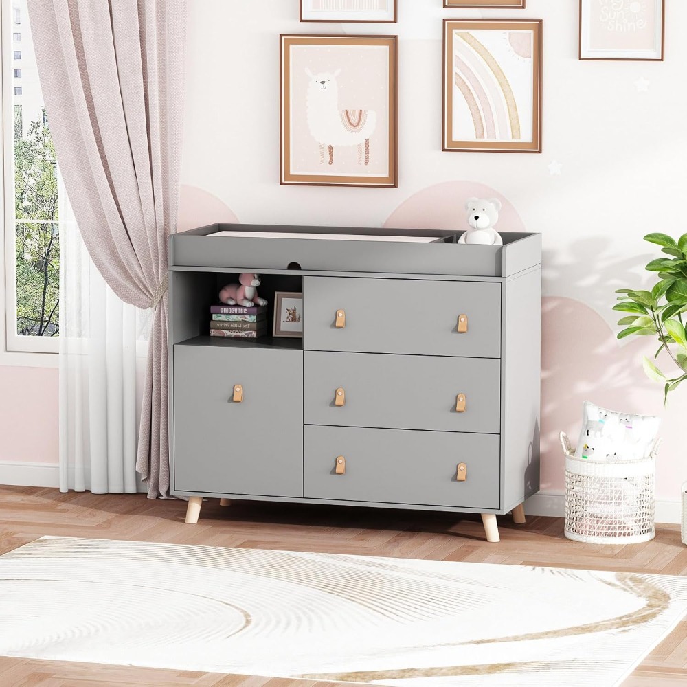 Baby Nursery Dresser Changing Table - ベビードレッサー兼おむつ交換台、2in1ナーサリーチェスト、引き出し棚と隠しランドリーバスケット、乳児用収納ソリューション