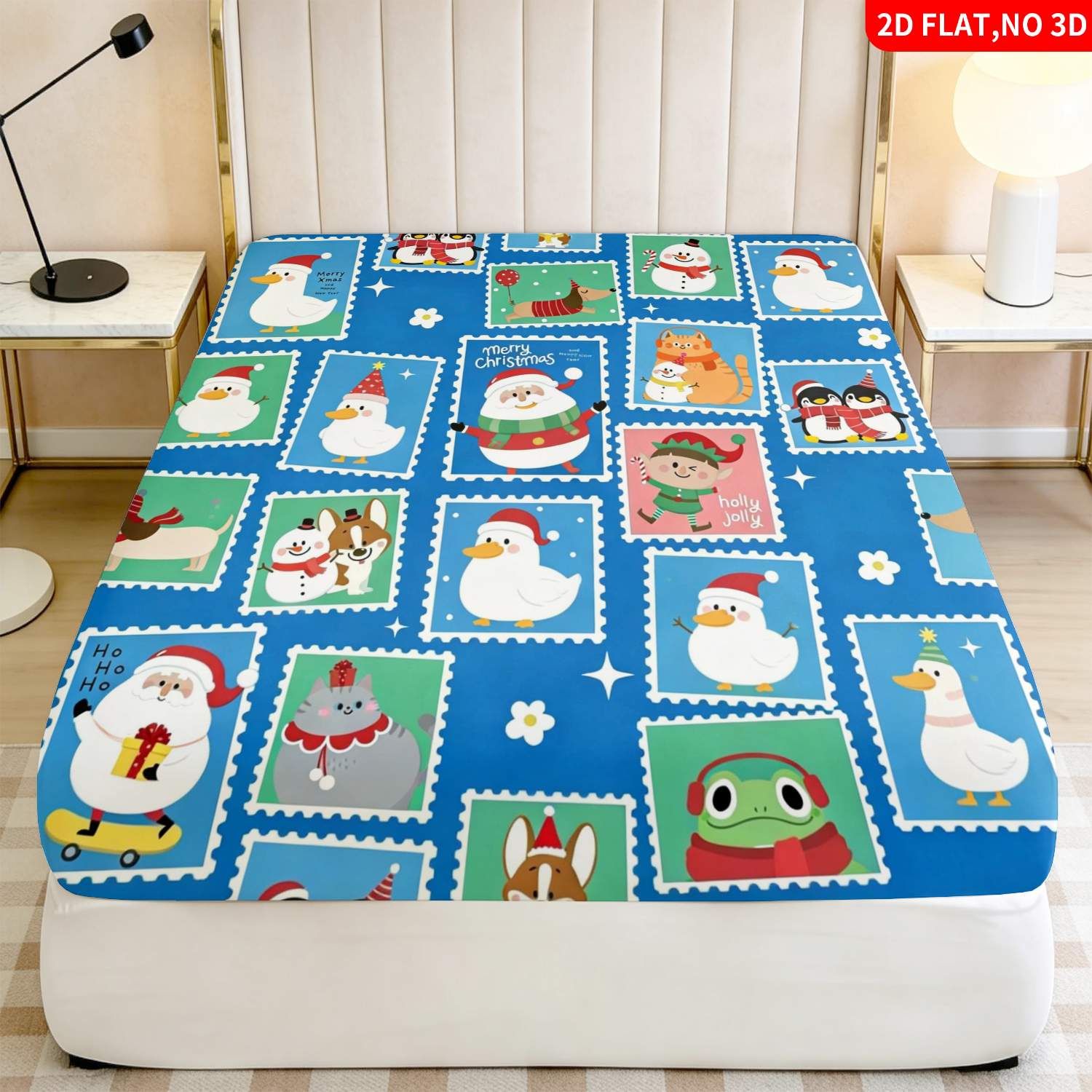 Baby Nursery Bedding Sets - クリスマスアニマル柄ブルー寝具セット、マットレスプロテクター、通気性のあるポリエステル素材（フィットシーツ1枚＋枕カバー2枚入り）、フィットシーツタイプ、保護カバー、フィットシーツ寝具、クリスマスをテーマにした寝具、ベビー寝具、保育園に適しています。