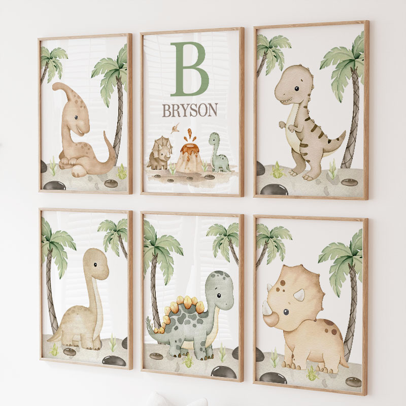 Baby Nursery Tree - 6種類の中性的な恐竜キャンバスウォールアート、水彩画のヤシの木ジャングル恐竜プリント、男の子の赤ちゃん保育園子供部屋の壁飾りギフト