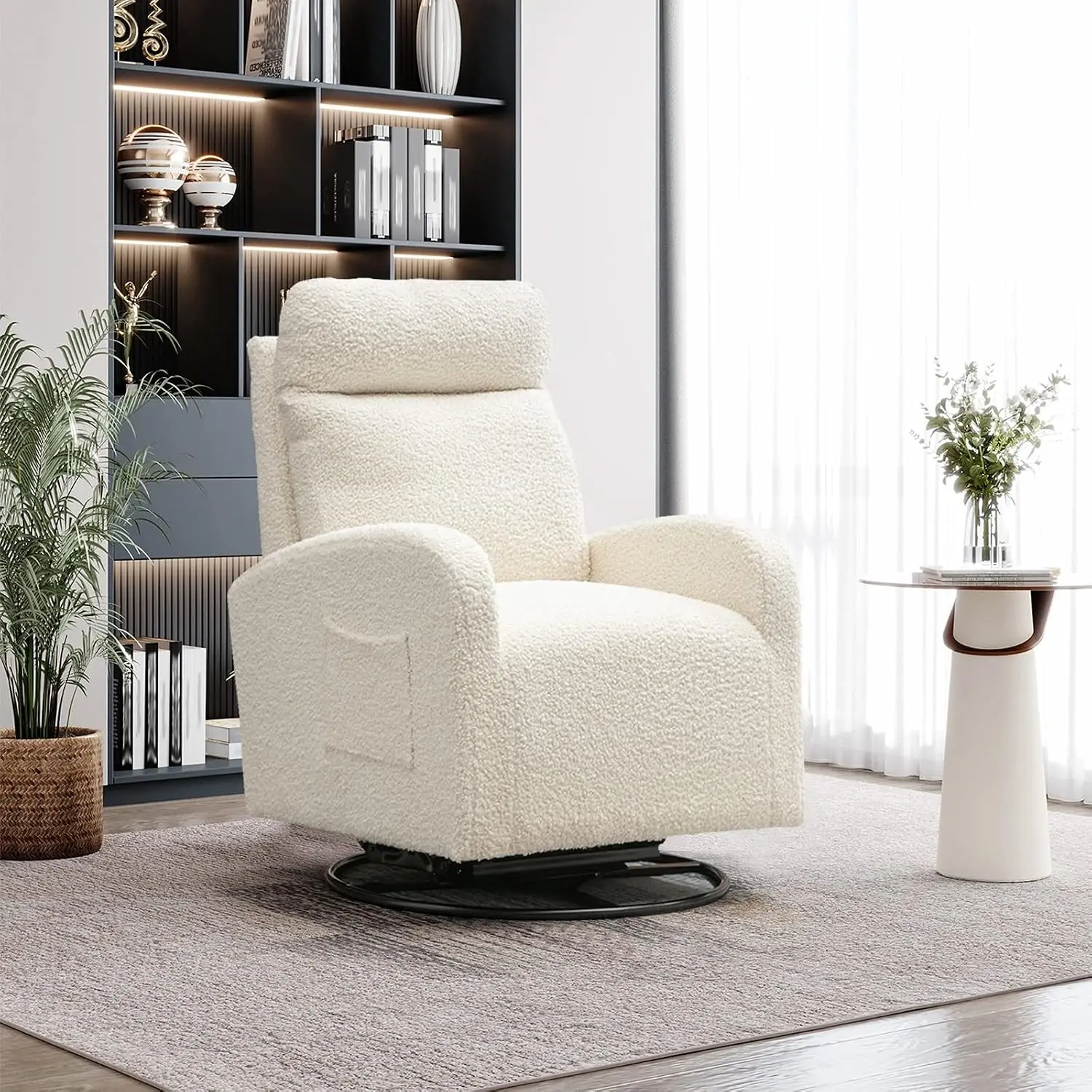 Baby Nursery Glider Chair - モダンな回転式グライダーチェア、ベビーナーサリー用布張りアクセントグライダーロッカー、サイドテーブル付き快適な背の高いロッキングアームチェア