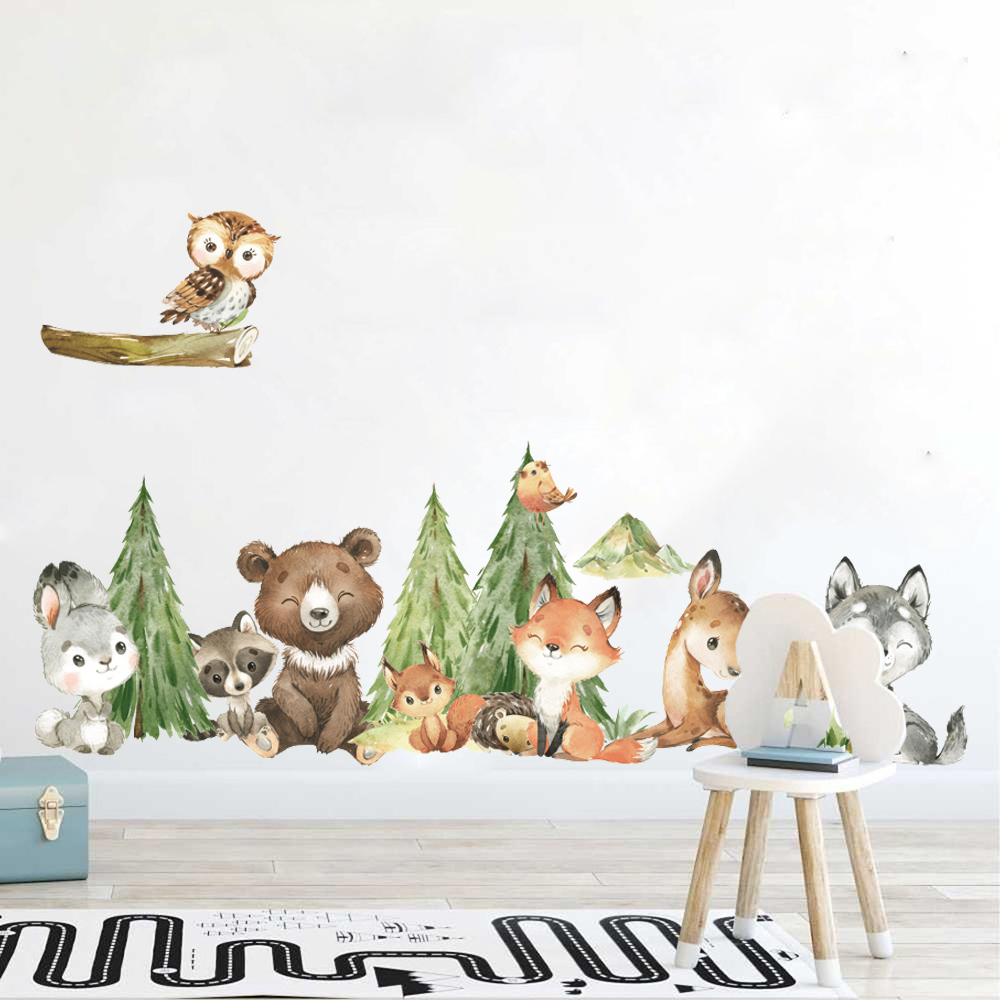 Baby Nursery Tree - 子供部屋用の水彩画の森の動物のウォールステッカー,赤ちゃんの保育園の装飾,松の木,鳥,鹿,ウサギ,クマ,ステッカー