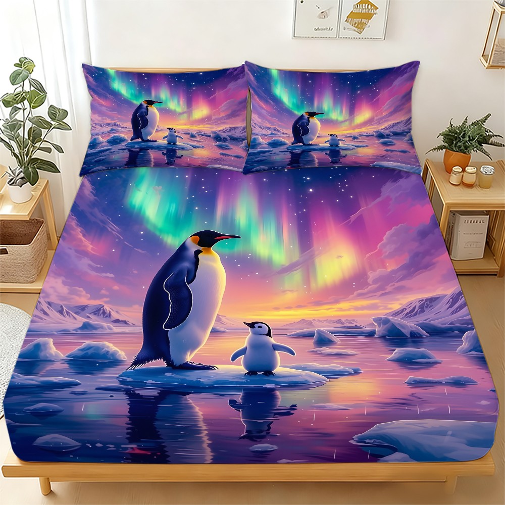 Baby Nursery Bedding Sets - オーロラペンギン寝具セット 3点セット プリントフィットシーツ マットレスプロテクター 通気性ポリエステル素材（フィットシーツ1枚＋枕カバー2枚を含む） マットレスプロテクター