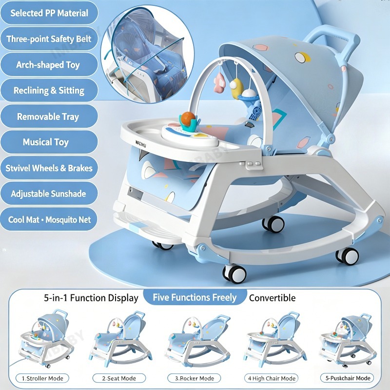 Baby Nursery Rocking Chair - 5 in 1多機能ベビーロッカー、調節可能な幼児用ロッキングチェアダイニングシートベビーカー、0〜36ヶ月向け音楽啓蒙玩具椅子