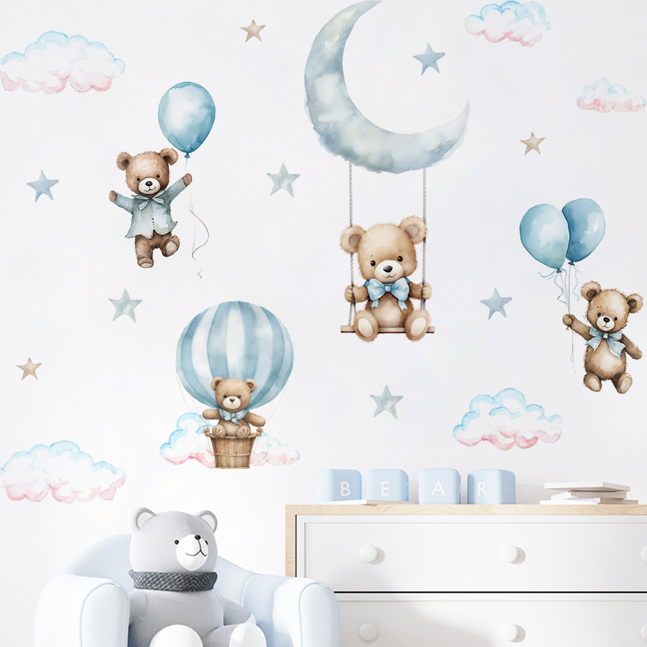 Baby Nursery Package - 水彩クマ熱気球雲ウォールステッカーブルーカラーキッズルームベビー保育園ルームウォールステッカー男の子ルームステッカー
