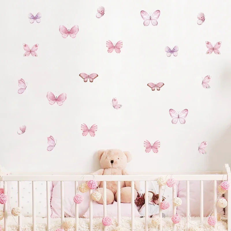 Baby Nursery Water - 17 個水彩ピンク飛行蝶パターン壁ステッカー子供の部屋の装飾ベビー保育園ルームの壁飾り家の装飾