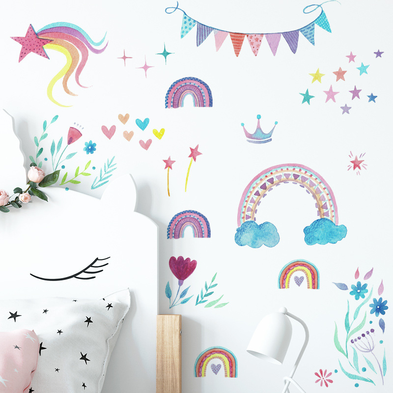 Baby Nursery Mural Wallpaper - 漫画の虹色の星のウォールステッカー、ベビールームの装飾壁画、子供部屋の背景装飾壁紙、保育園パーティーのデカール
