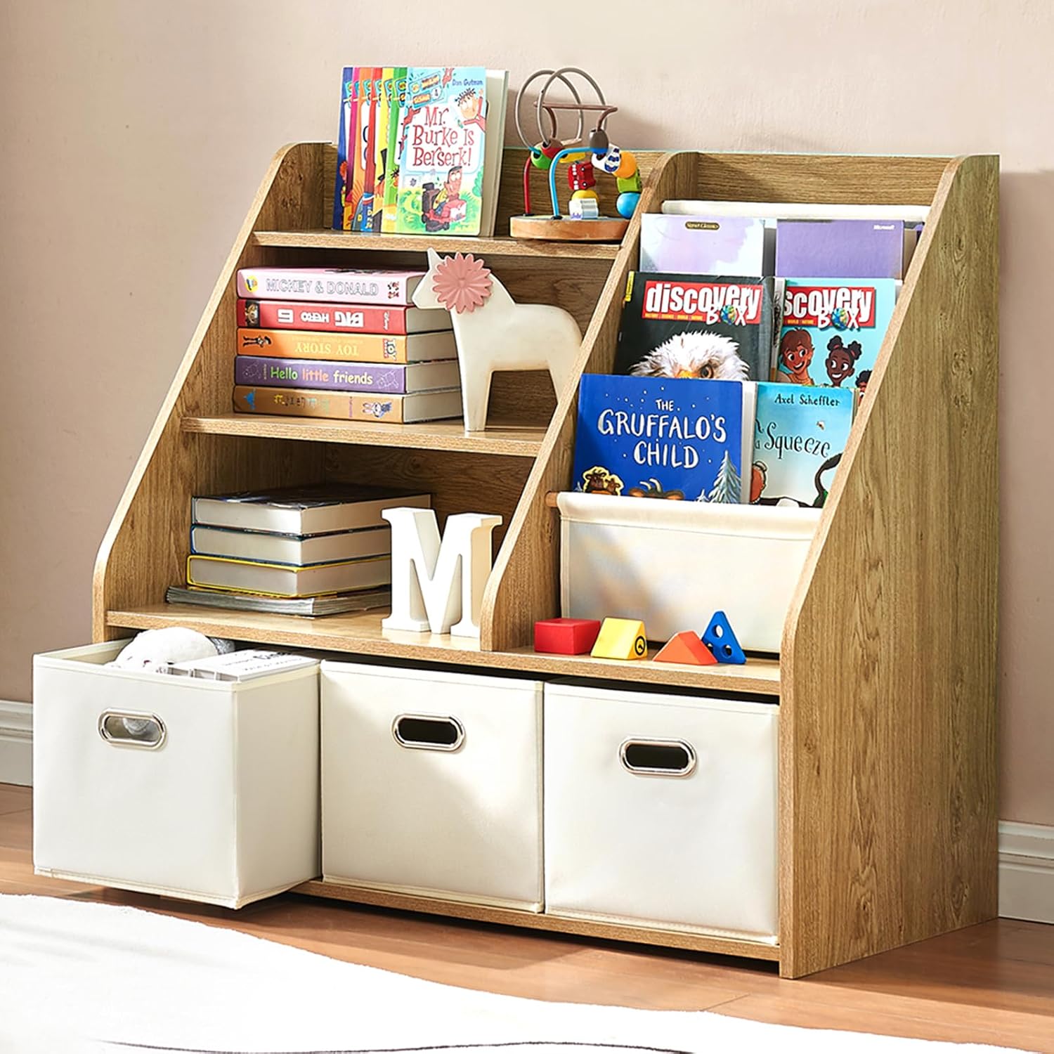 Baby Nursery Bookshelf - モンテッソーリ木製本棚＆おもちゃ収納、3つの布製収納箱とスリングラック付き、赤ちゃん・幼児の保育園やプレイルーム向け、カスタマイズ可能