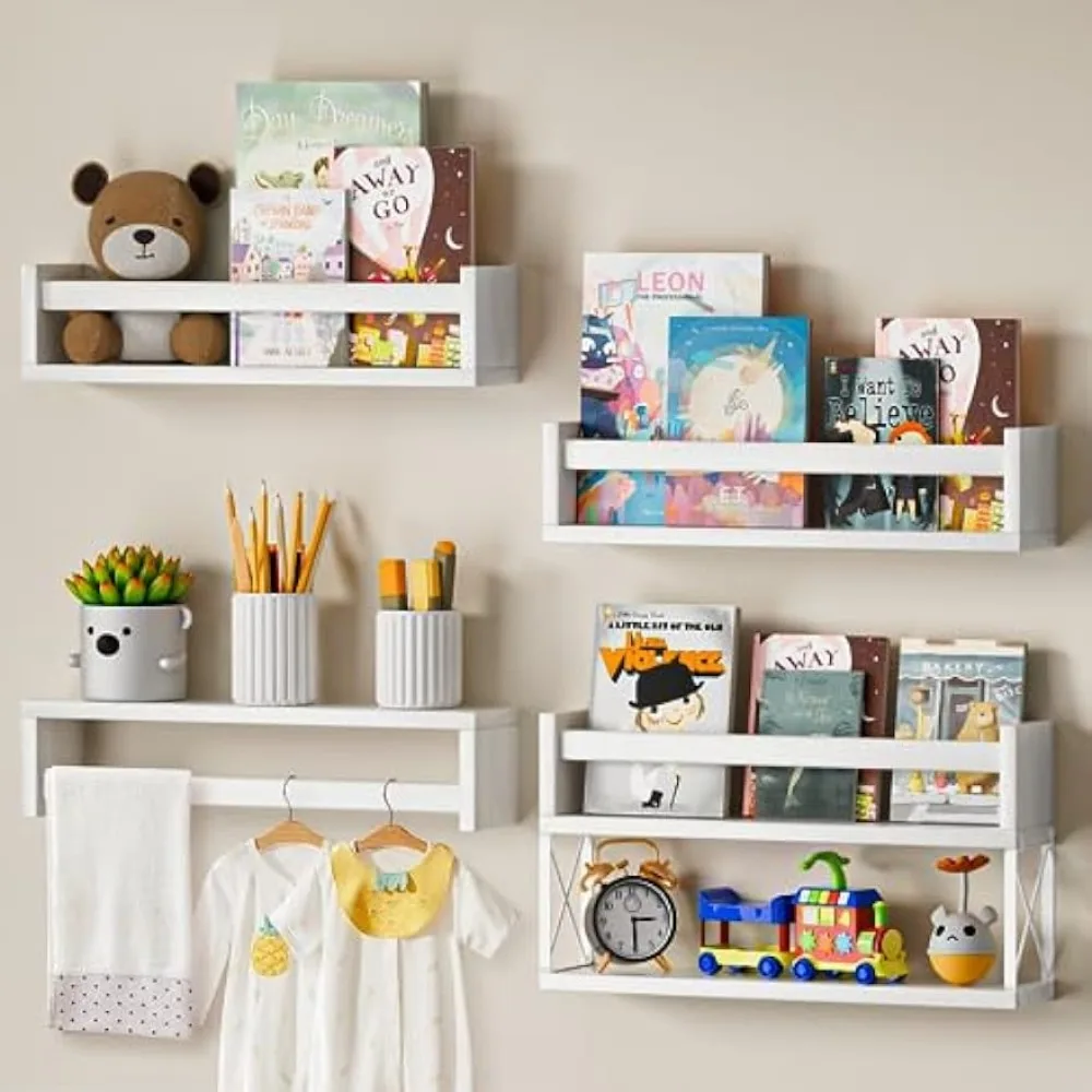 Baby Nursery Bookshelf - QimCoor保育園用本棚4+1セット、16.5インチの子供用壁掛け式フローティング本棚、白い本棚オーガナイザー（赤ちゃん用）