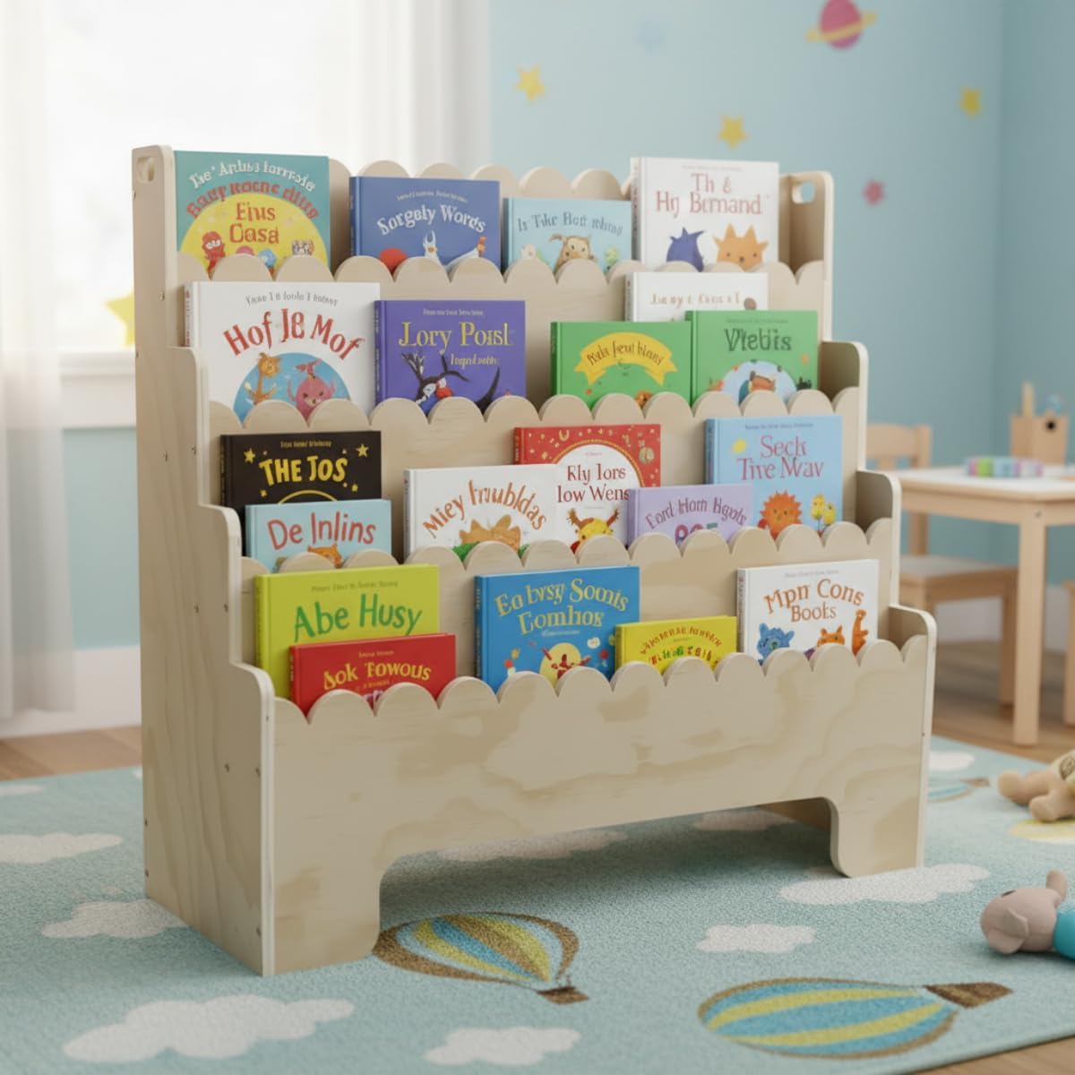 Baby Nursery Bookshelf - 子供用4段本棚、天然木製子供用本棚、波型幼児用本棚、ベビーナーサリー用本棚、子供部屋やプレイルーム、ナーサリー向け前面展示型モンテッソーリ本棚