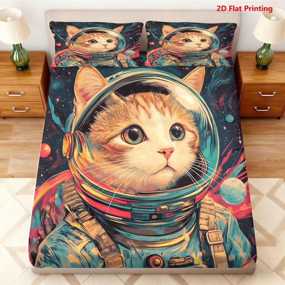 Baby Nursery Bedding Sets - スペースキャット宇宙飛行士ベッドシーツセット ベッドシーツフルセット マットレスプロテクター 通気性ポリエステル素材（フィットシーツ1枚＋枕カバー2枚を含む） マットレスプロテクター フィット型ゴム付き保護カバー