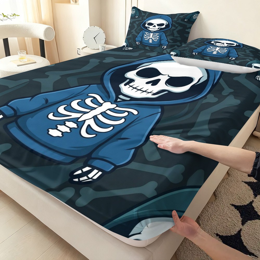 Baby Nursery Bedding Sets - スカル柄フーディー寝具セット ベッドシーツフルセット マットレスプロテクター 通気性ポリエステル素材（フィットシーツ1枚+枕カバー2枚を含む） マットレスプロテクター フィット型ゴム付き保護カバー