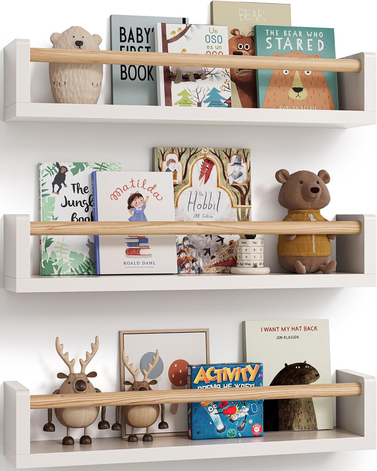 Baby Nursery Bookshelf - 3段のフローティング子供用本棚、壁掛け式キッズブックシェルフ、寝室用、赤ちゃん、幼児、子供部屋の装飾や本の展示に。