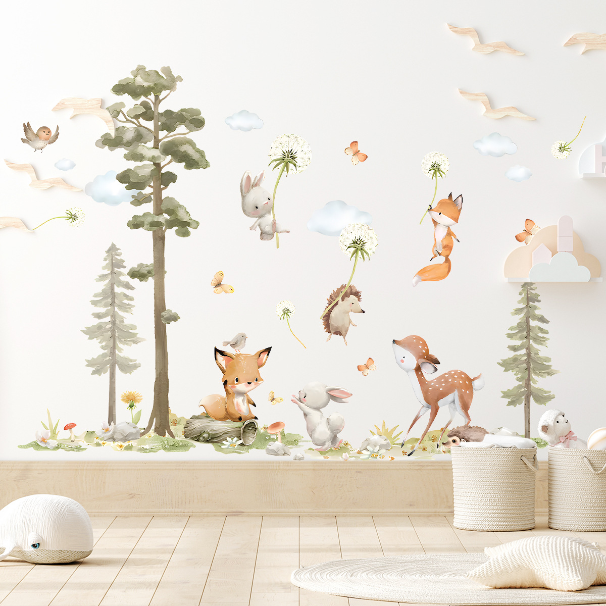 Baby Nursery Tree - かわいい森の動物ウォールステッカー子供部屋用子供女の子男の子ベビールーム装飾保育園壁紙ビニールバニーキツネの木