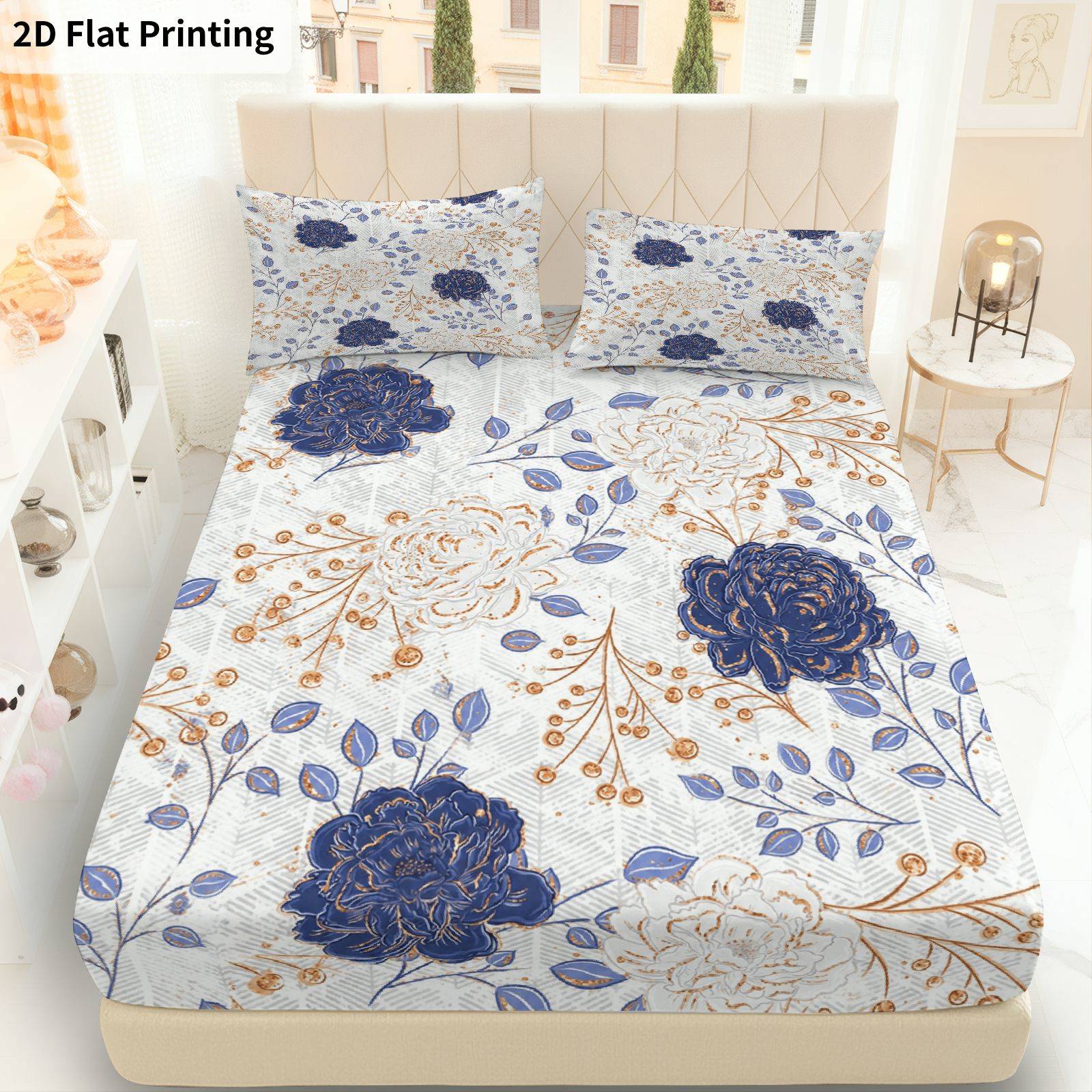 Baby Nursery Bedding Sets - 3ピースブルーフローラルフィットシーツセット ベッドシーツフルセット プリントフィットシーツ マットレスプロテクター 通気性ポリエステル素材（フィットシーツ1枚＋枕カバー2枚を含む） マットレスプロテクター