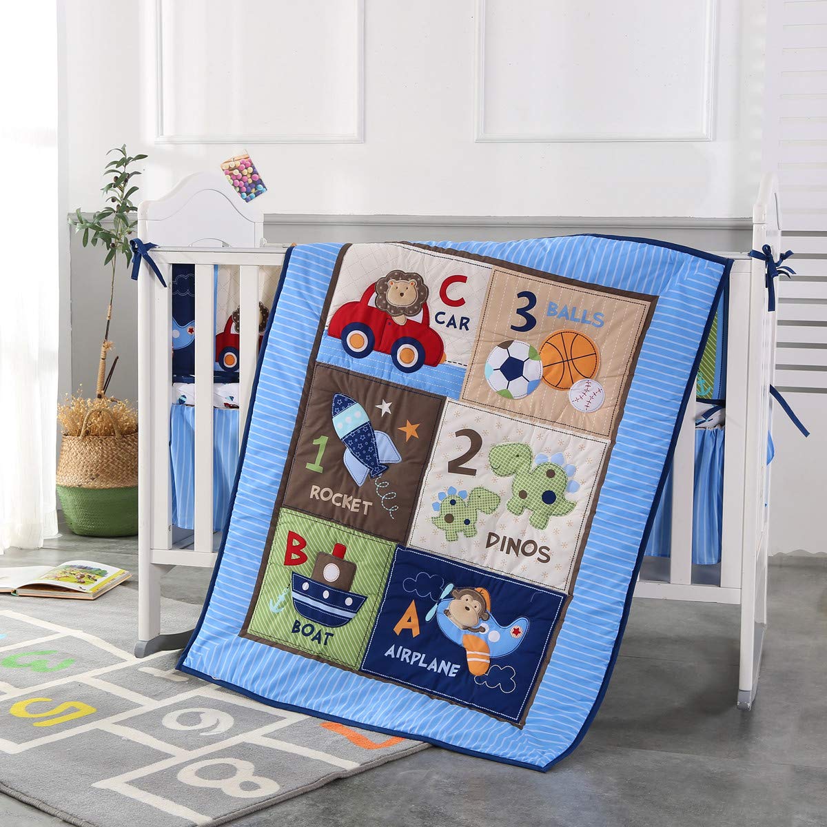 Baby Nursery Bedding Sets - 通気性のあるベビーベッド寝具セット,幼児用寝具,保育園,4つのバンパー,掛け布団,シーツ,スカート,7個