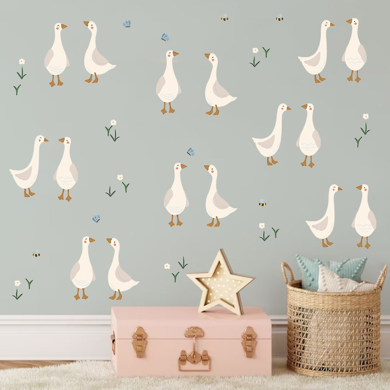 Baby Nursery Mural Wallpaper - かわいいアヒルの子ウォールステッカー面白いアヒルの花デカール PVC 自己粘着ビニール壁画ベビーキッズルーム保育園家の装飾壁紙