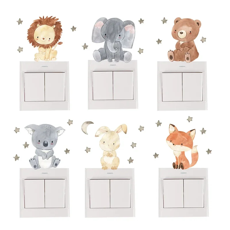 Baby Nursery Water - 1/2/4/6 セット漫画動物ウォールステッカー子供部屋用ベビールーム装飾スイッチステッカーキッズルーム保育園壁デカール