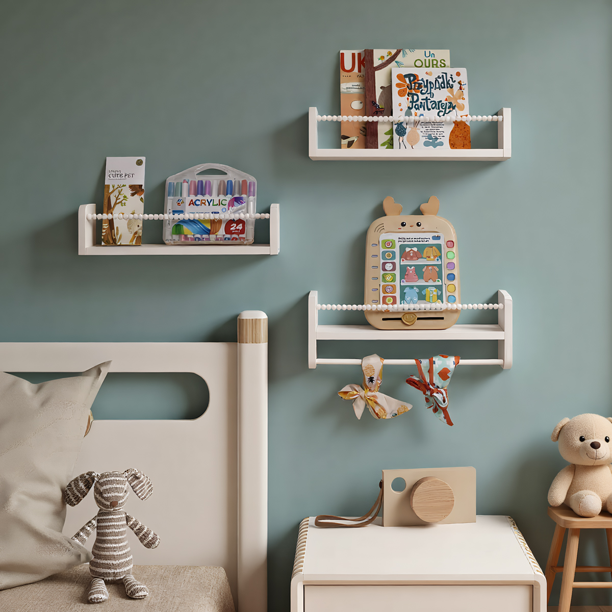Baby Nursery Bookshelf - 壁掛け式フローティングナーサリーブックシェルフ、子供部屋寝室用天然木壁掛けブックシェルフ、小型木製吊り下げ式ベビーブックシェルフ