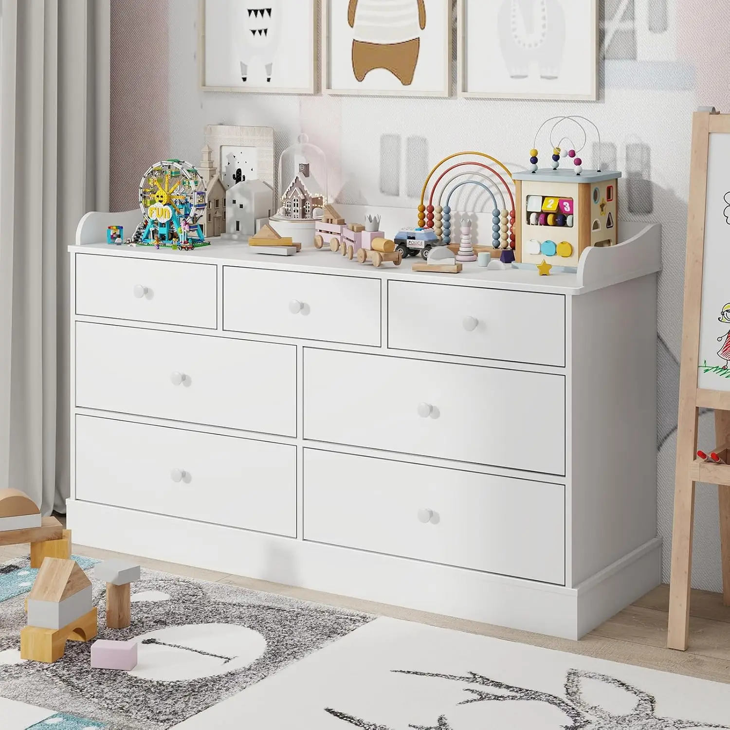 Baby Nursery Dresser Changing Table - 子供用ドレッサーキャビネット（7段引き出し付き）、保育園用おむつ替え台、白いチェスト、ベビーチェスト、子供部屋家具、N