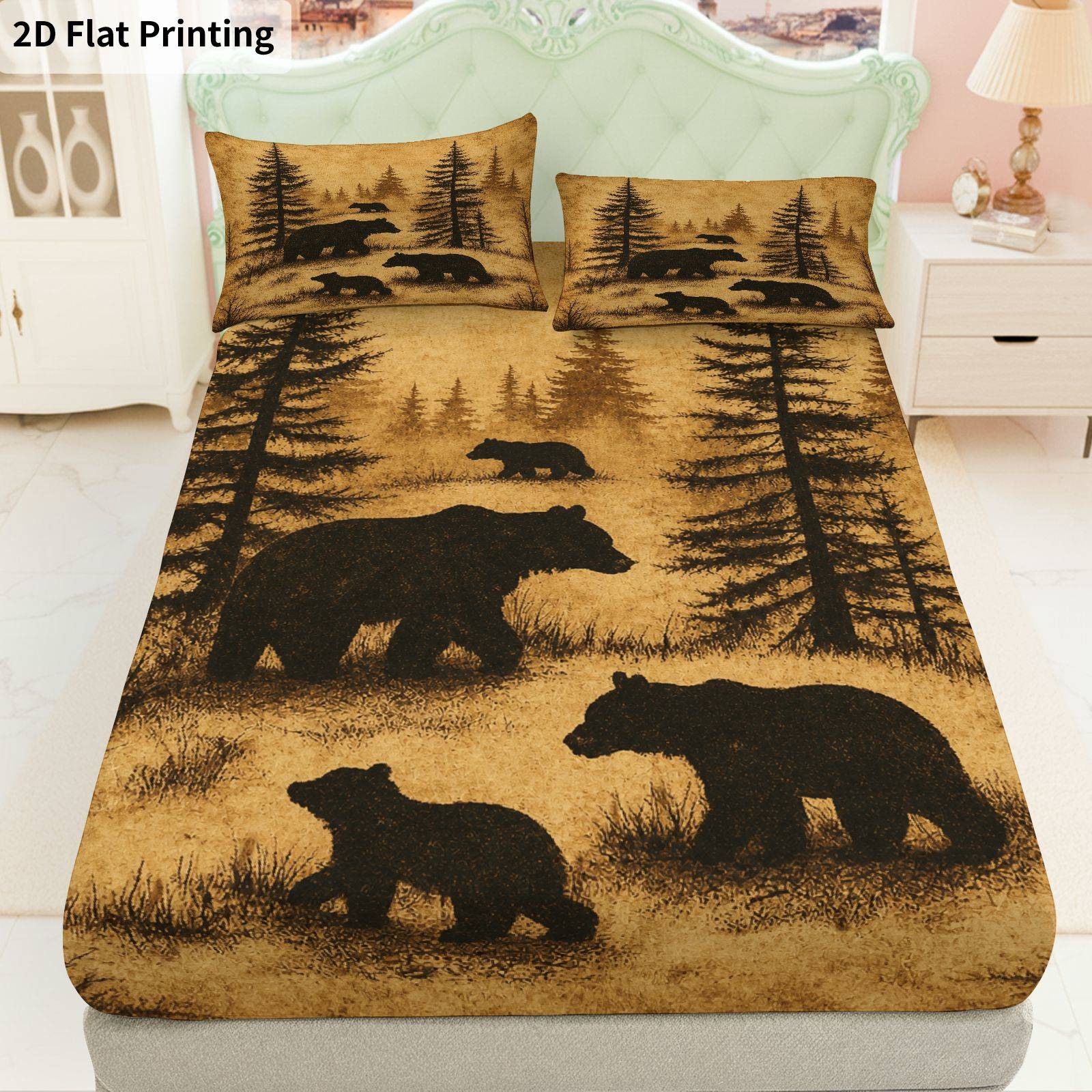 Baby Nursery Bedding Sets - リトルベアフォレスト ベッドシーツフルセット プリントフィットシーツ マットレスプロテクター 通気性ポリエステル素材（フィットシーツ1枚＋枕カバー2枚を含む） マットレスプロテクター