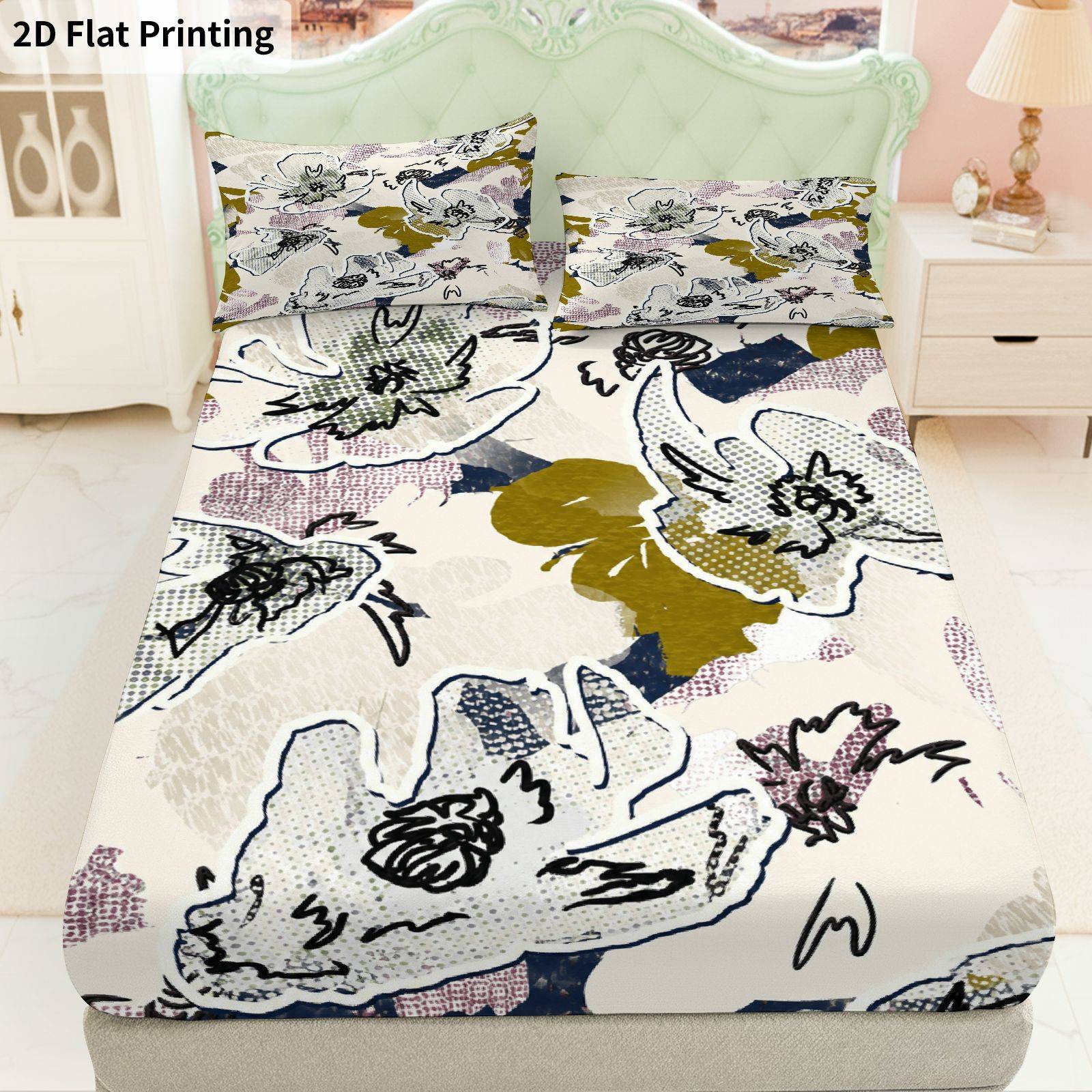 花柄リーフパターンのベッドシーツフルセット、プリントされたフ - Baby Nursery Bedding Sets のレビューと価格