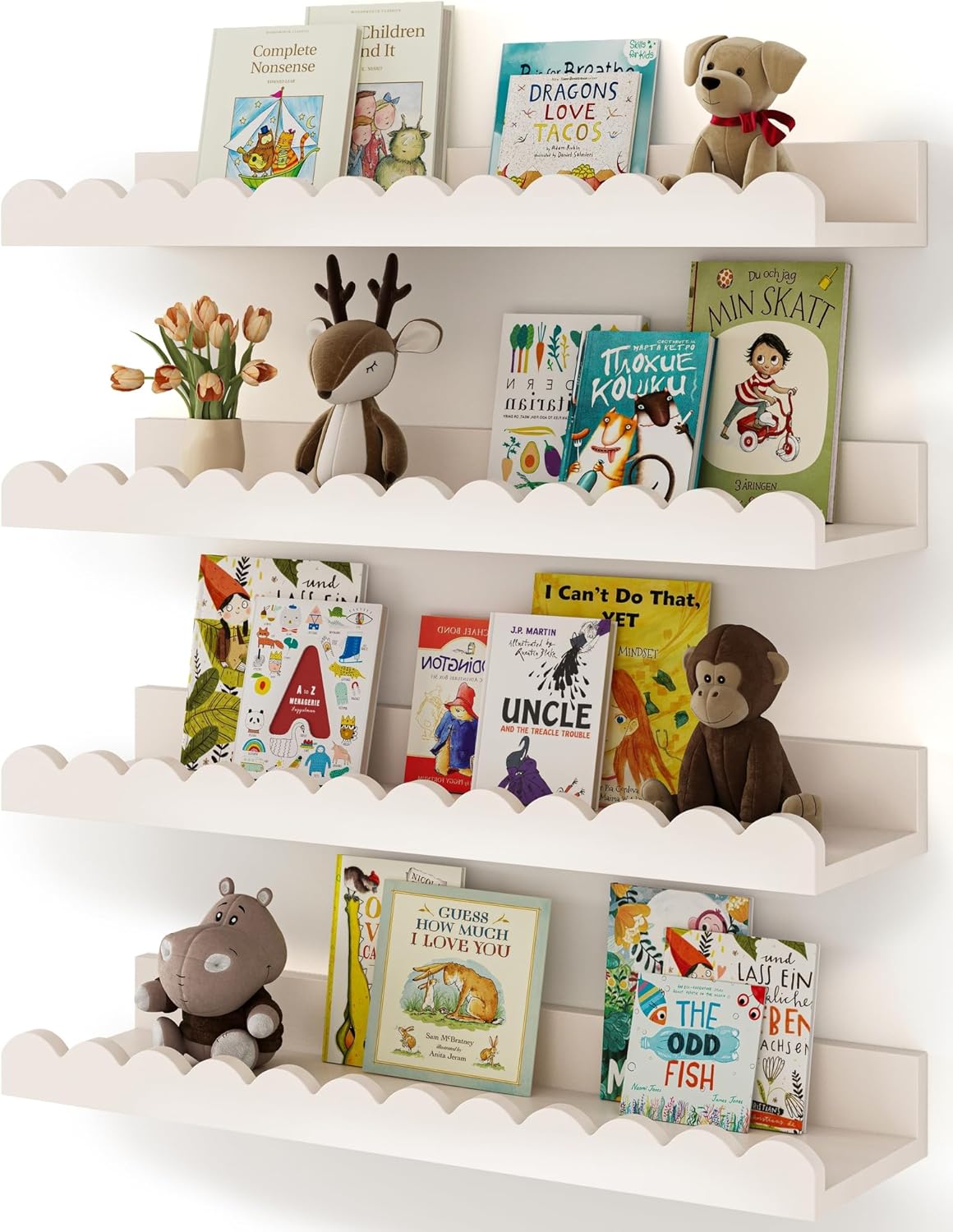 白い波型のフローティングキッズブックシェルフ4個セット、壁掛 - Baby Nursery Bookshelf のレビューと価格