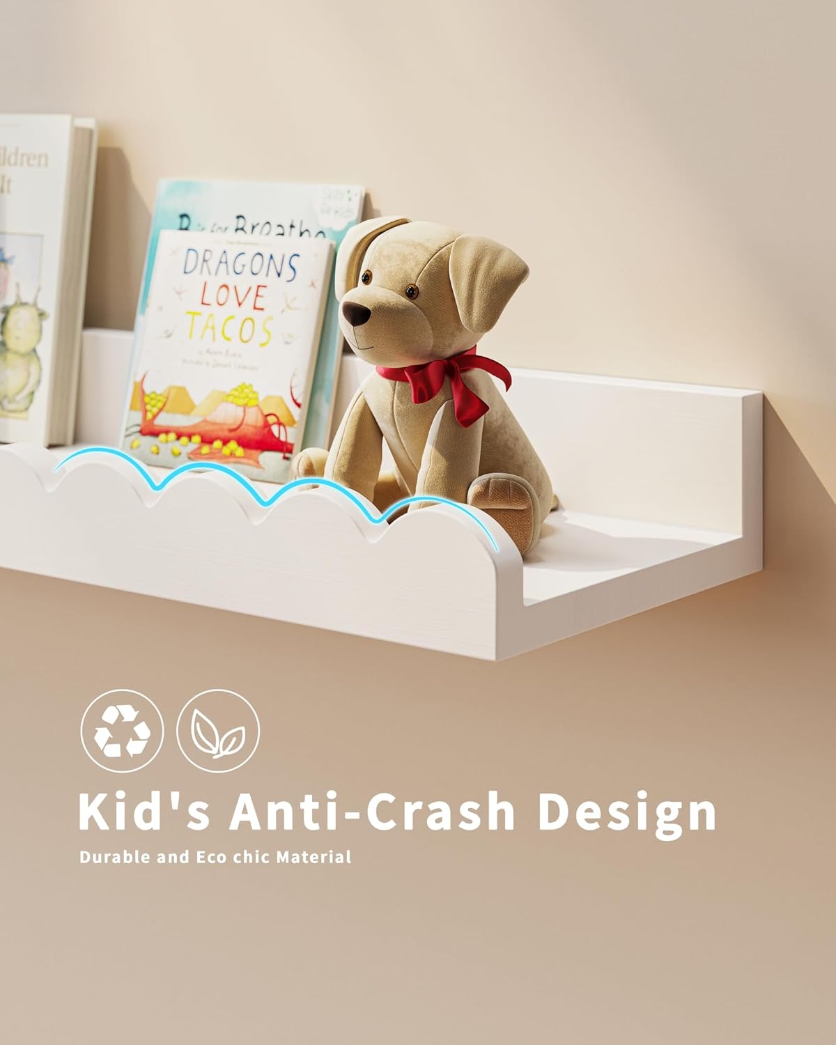 白い波型のフローティングキッズブックシェルフ4個セット、壁掛 - Baby Nursery Bookshelf のレビューと価格