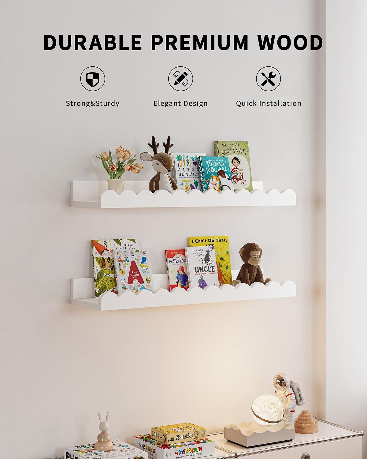 白い波型のフローティングキッズブックシェルフ4個セット、壁掛 - Baby Nursery Bookshelf のレビューと価格