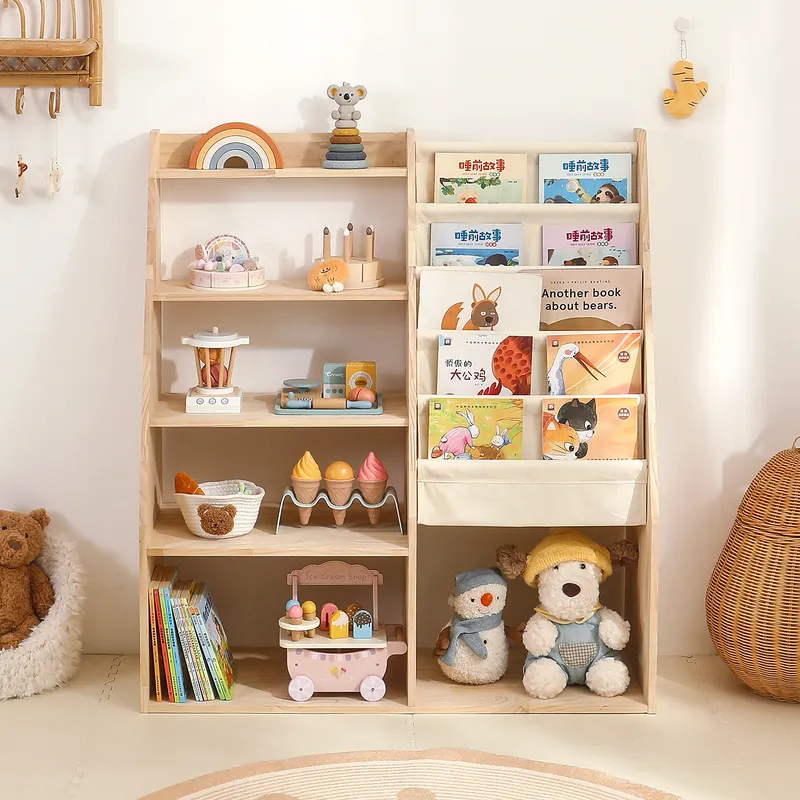 無垢材製子供用本棚おもちゃ収納ラック 2-in-1 読書オー - Baby Nursery Bookshelf のレビューと価格