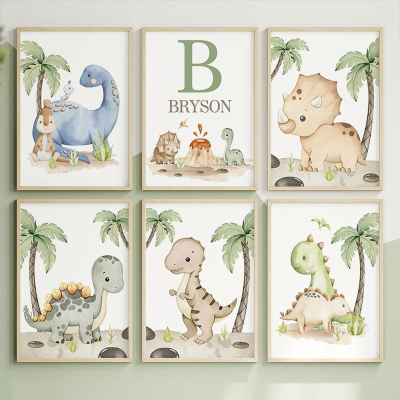 6種類の中性的な恐竜キャンバスウォールアート、水彩画のヤシの - Baby Nursery Tree のレビューと価格