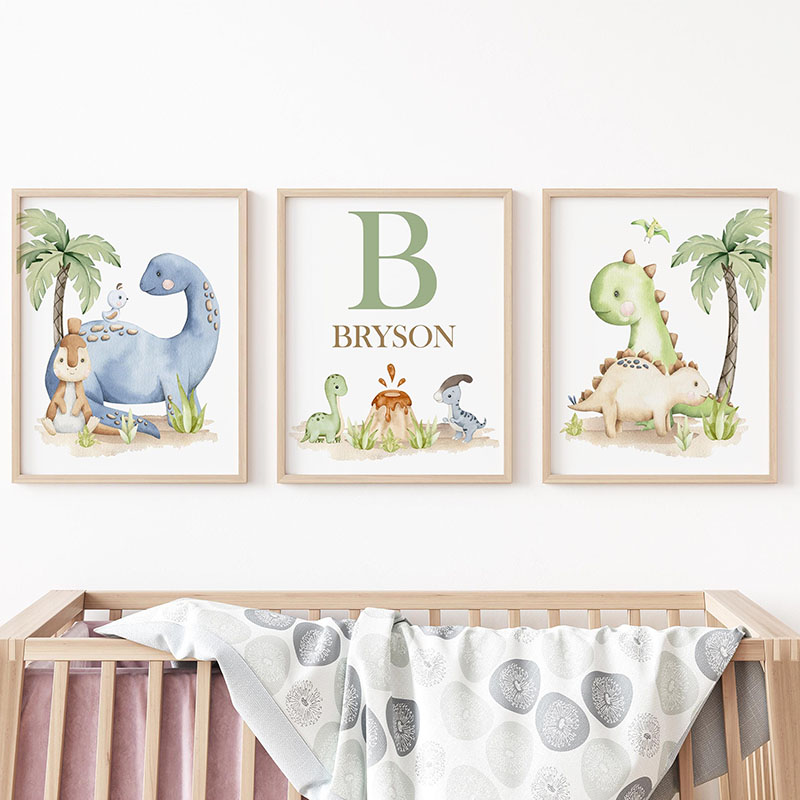 6種類の中性的な恐竜キャンバスウォールアート、水彩画のヤシの - Baby Nursery Tree のレビューと価格