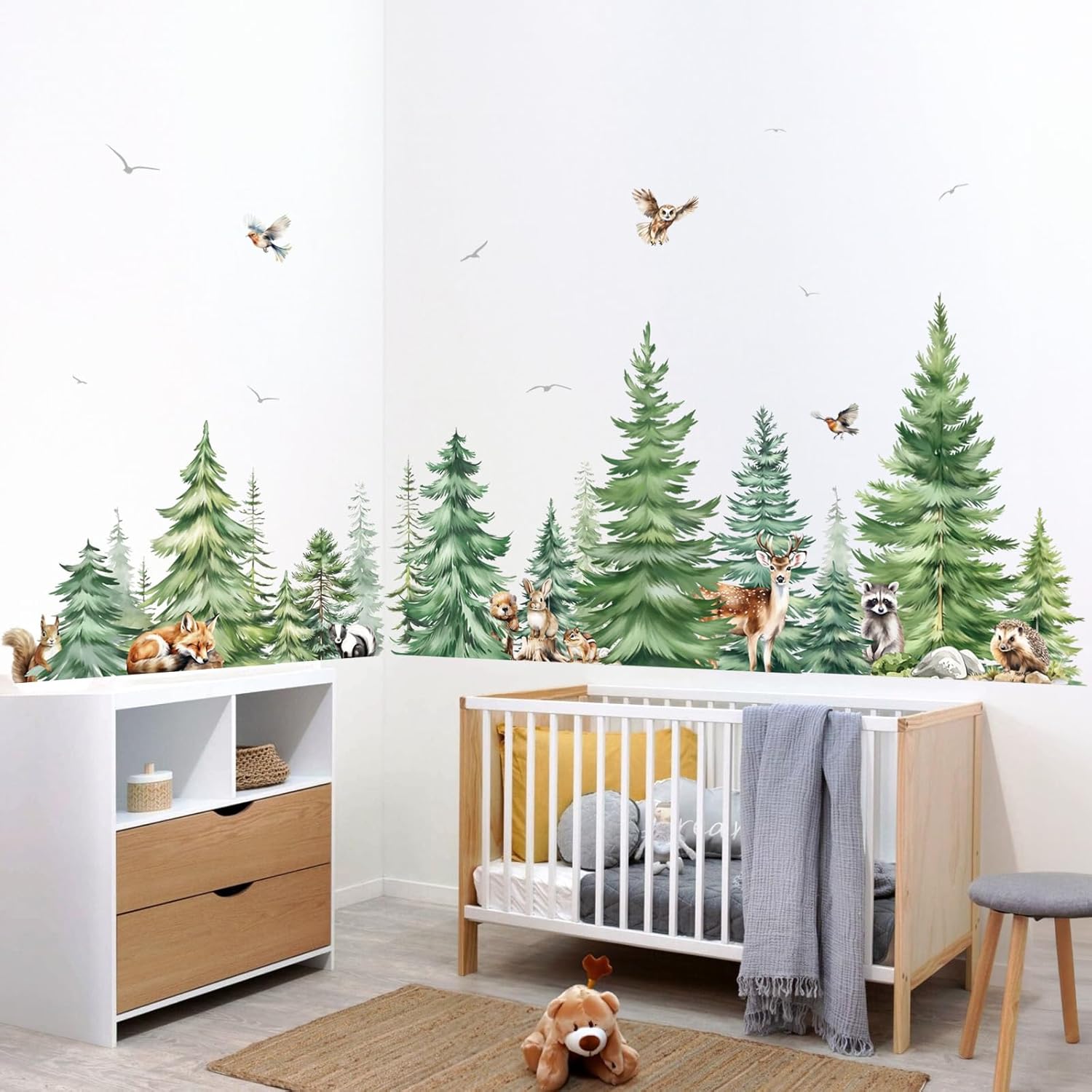 大きな水彩画の松の木動物ウォールステッカー子供部屋寝室森林の - Baby Nursery Tree のレビューと価格