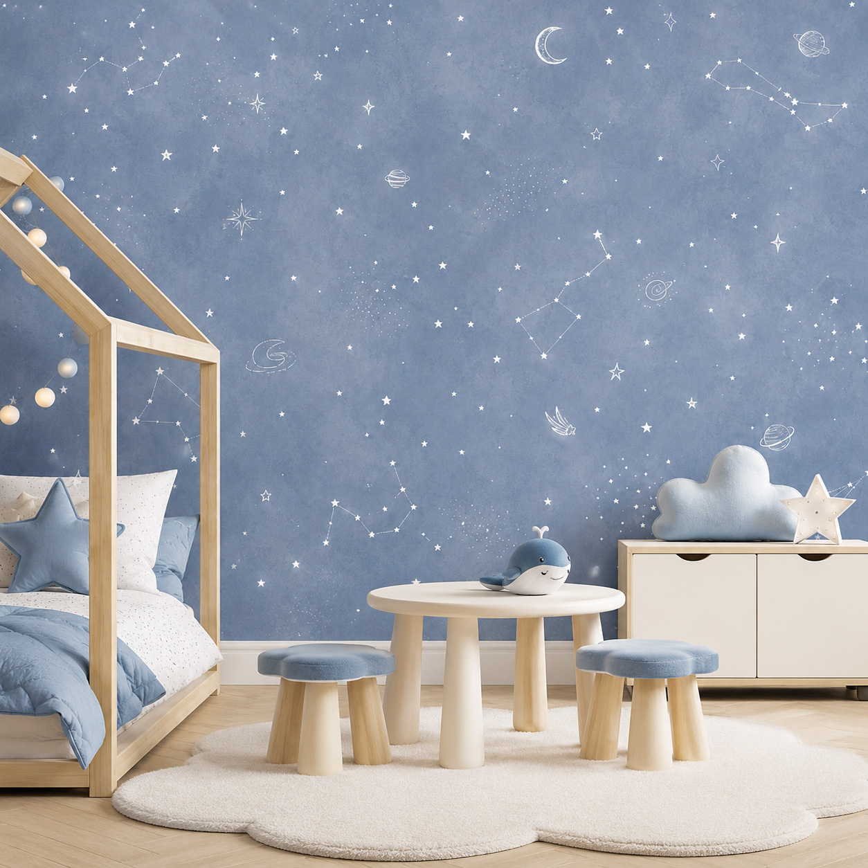 青い星空の自己粘着壁紙、子供部屋用ウォールステッカー、剥がし - Baby Nursery Water のレビューと価格