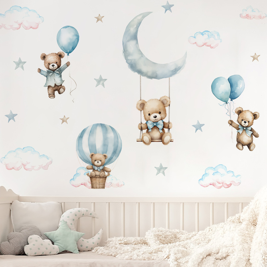 水彩クマ熱気球雲ウォールステッカーブルーカラーキッズルームベ - Baby Nursery Package のレビューと価格