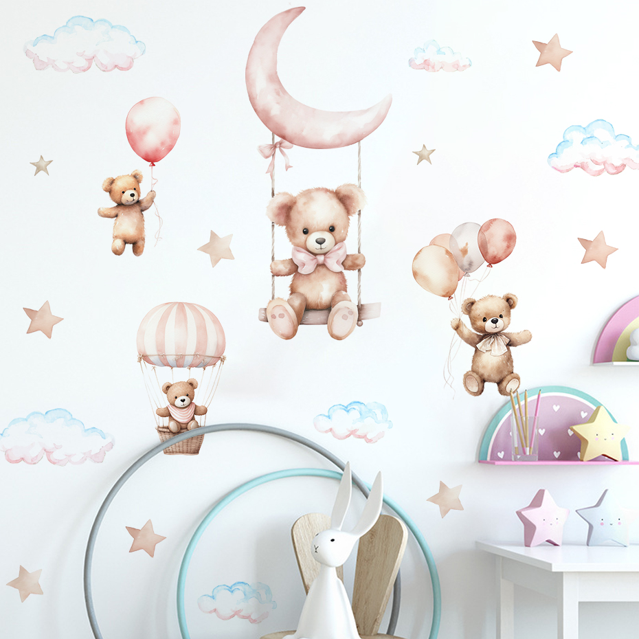 水彩クマ熱気球雲ウォールステッカーブルーカラーキッズルームベ - Baby Nursery Package のレビューと価格