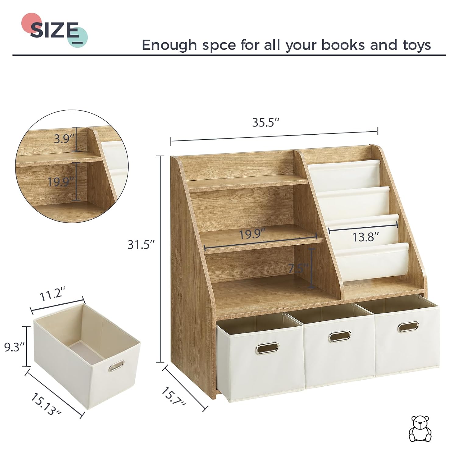 モンテッソーリ木製本棚＆おもちゃ収納、3つの布製収納箱とスリ - Baby Nursery Bookshelf のレビューと価格