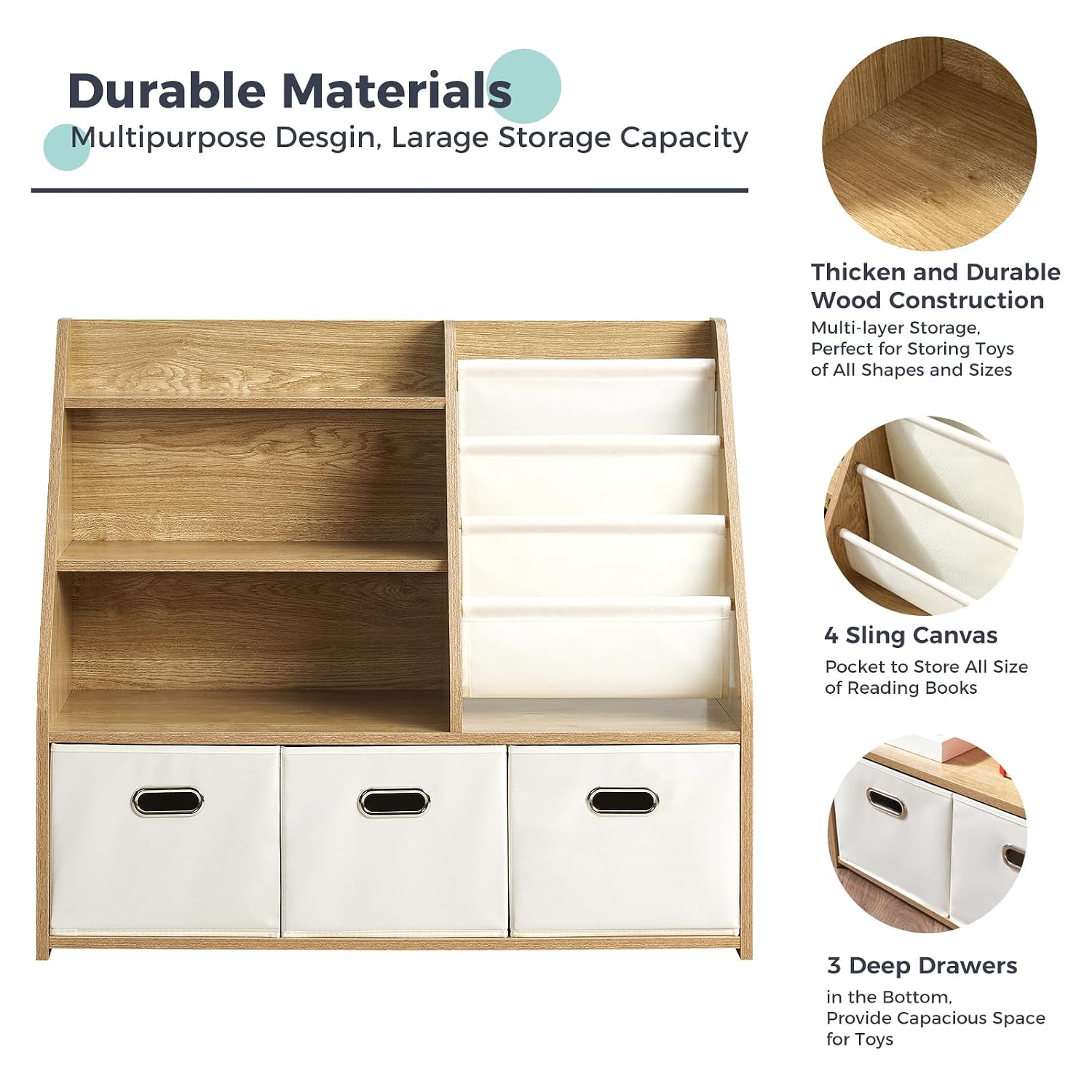 モンテッソーリ木製本棚＆おもちゃ収納、3つの布製収納箱とスリ - Baby Nursery Bookshelf のレビューと価格