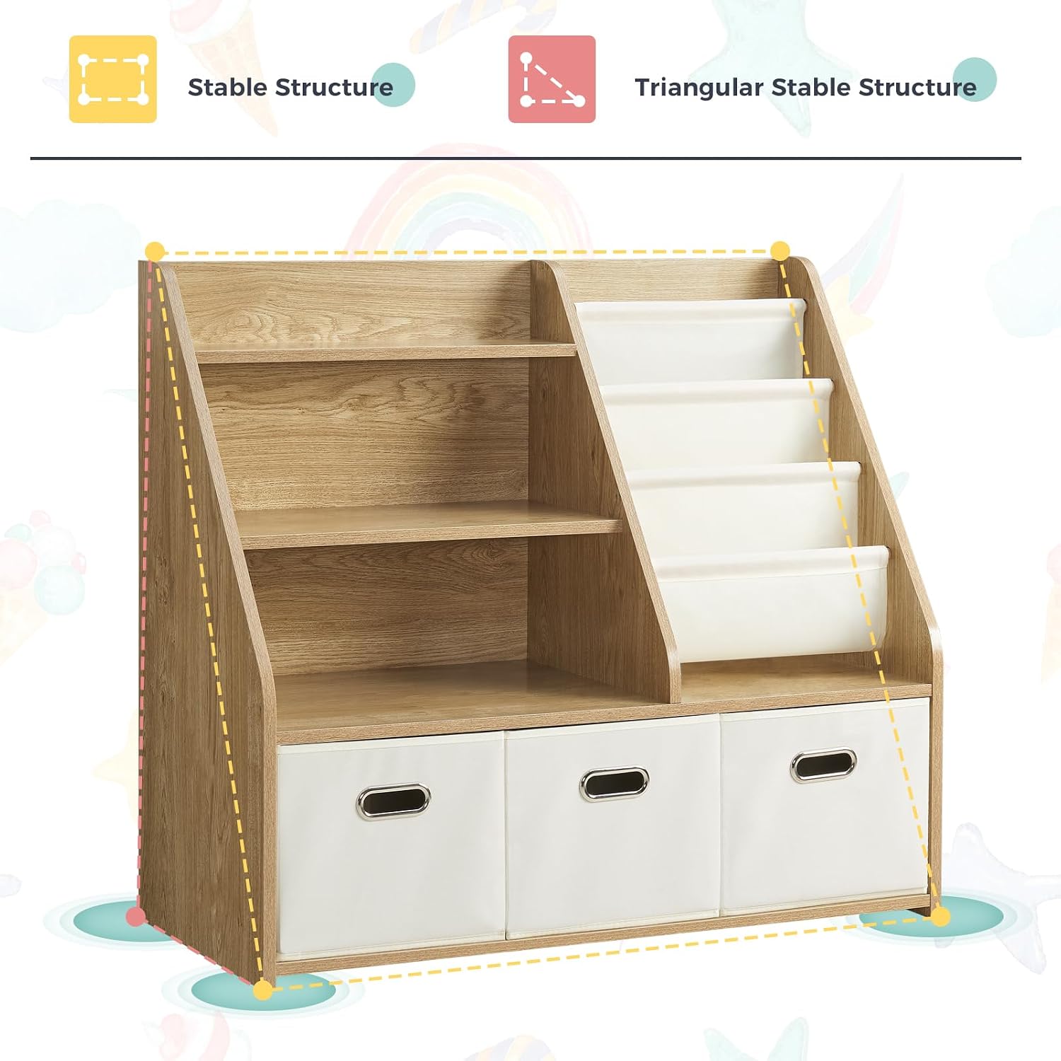 モンテッソーリ木製本棚＆おもちゃ収納、3つの布製収納箱とスリ - Baby Nursery Bookshelf のレビューと価格