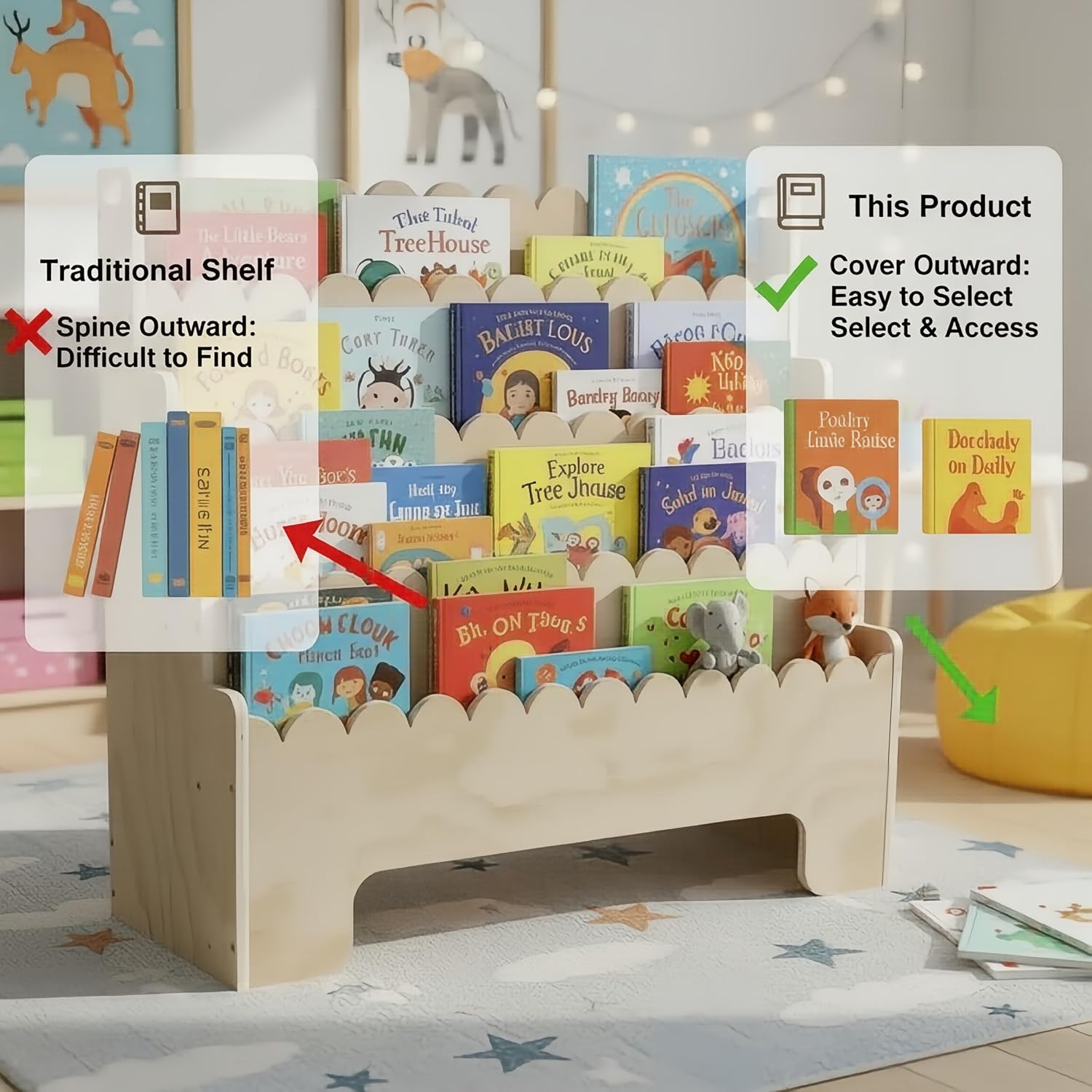 子供用4段本棚、天然木製子供用本棚、波型幼児用本棚、ベビーナ - Baby Nursery Bookshelf のレビューと価格
