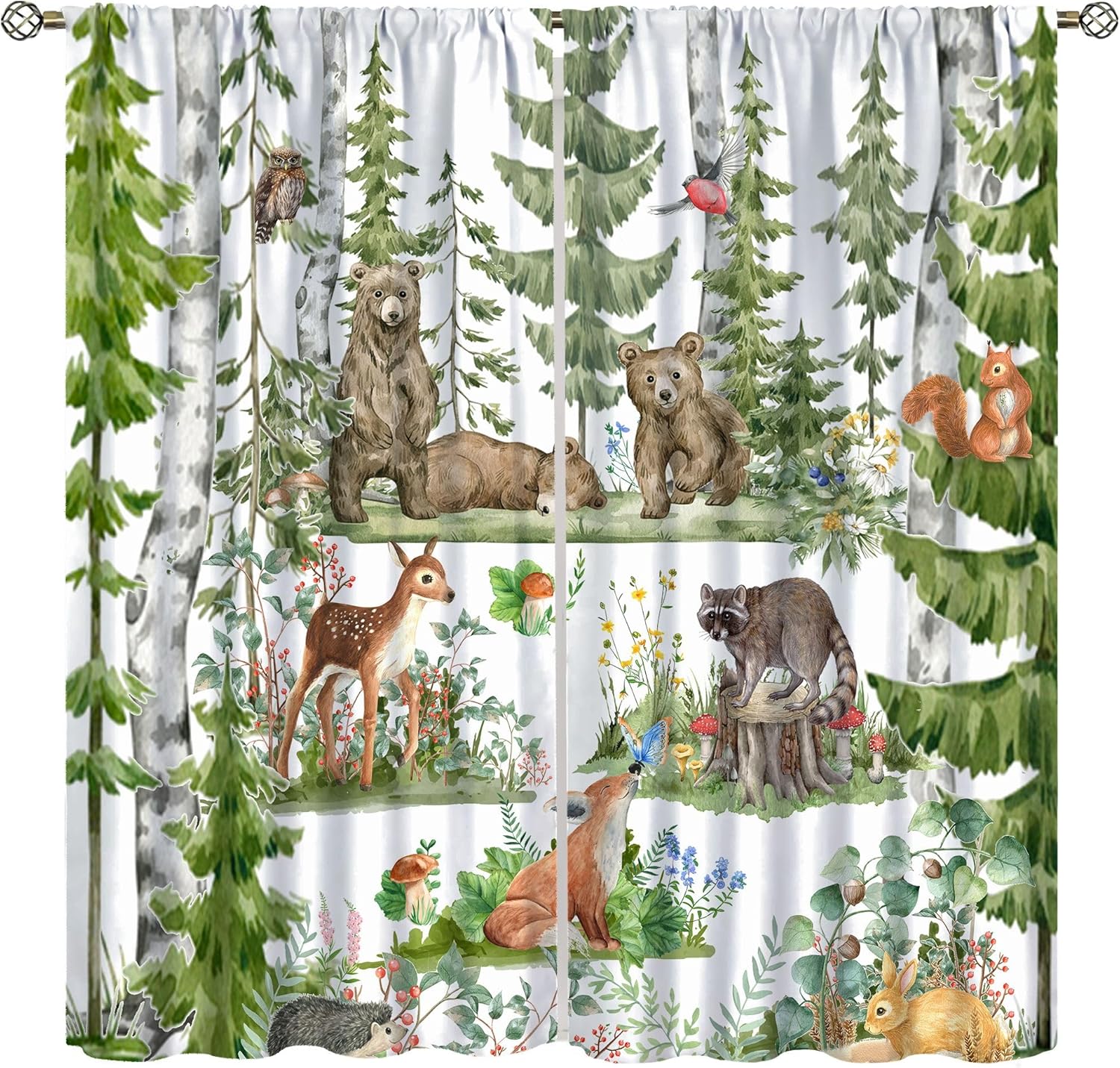 子供用の森の動物カーテン、水彩画の野生動物、クマ、キツネ、鹿 - Baby Nursery Tree のレビューと価格